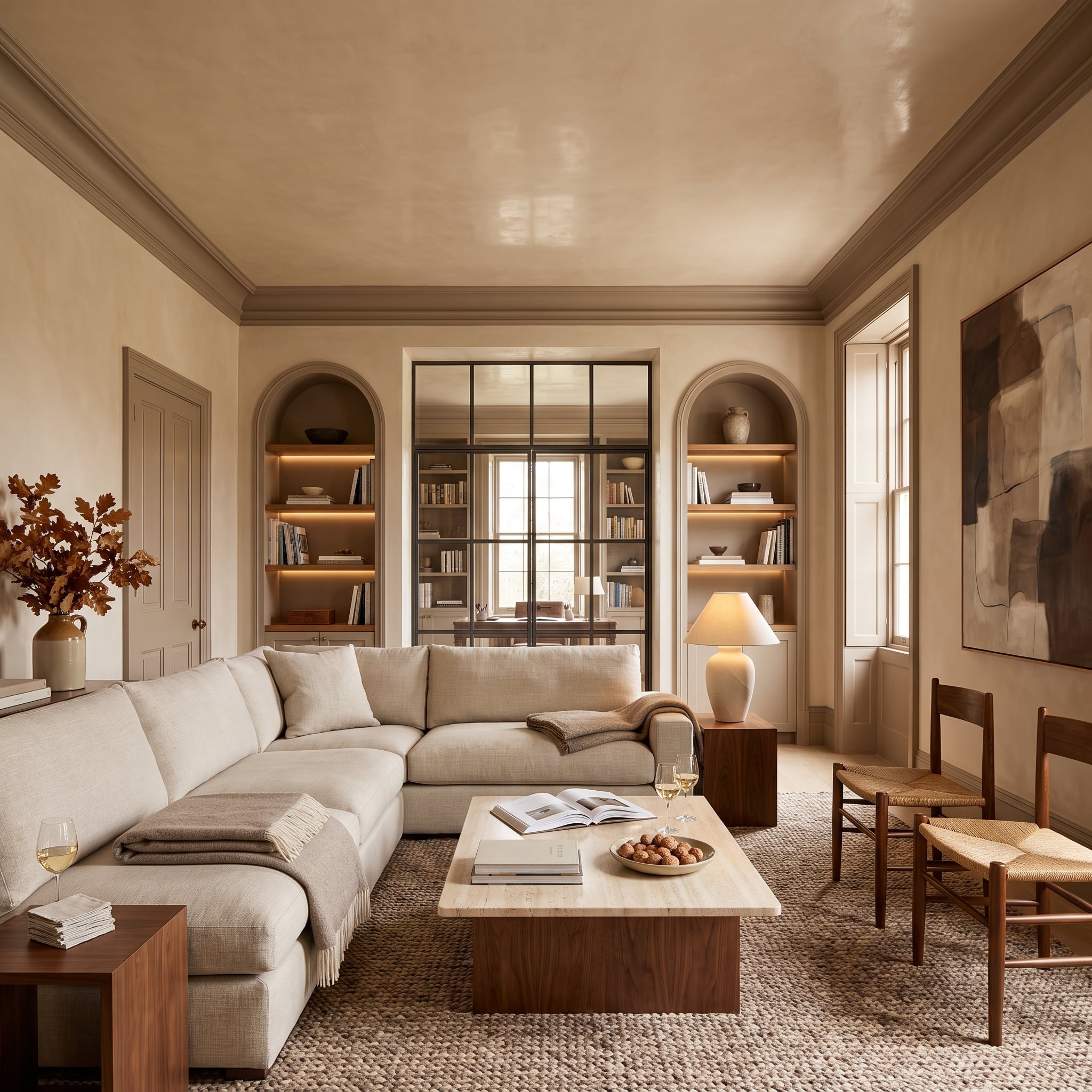 Warm greige living room with matching crown molding, door casings, arched niches, lacquered ceiling, and neutral furnishings