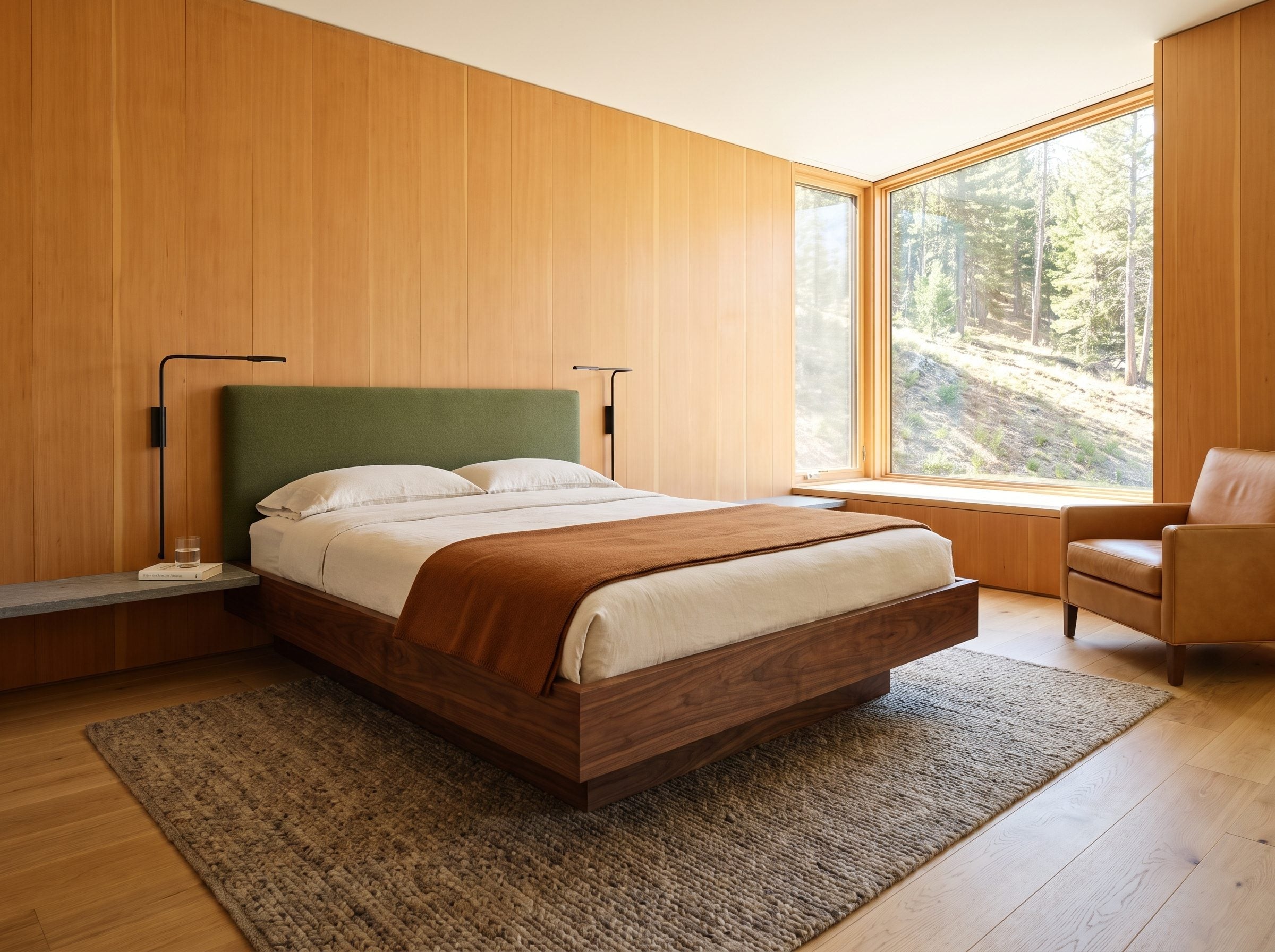 Cabin bedroom with vertical pine paneling, dark walnut platform bed, and pale oak floor