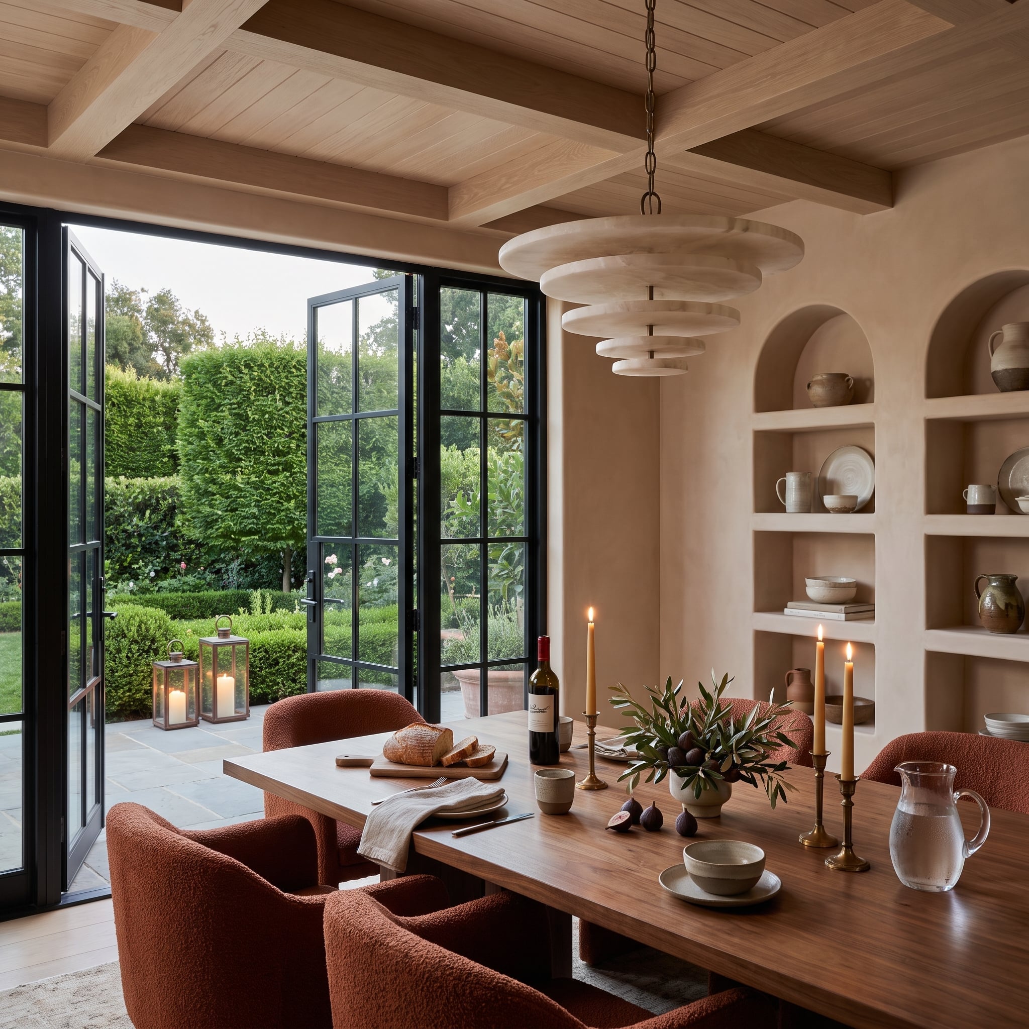 Warm dining room with plaster niches, coffered ceiling, rust bouclé chairs and black-framed garden doors