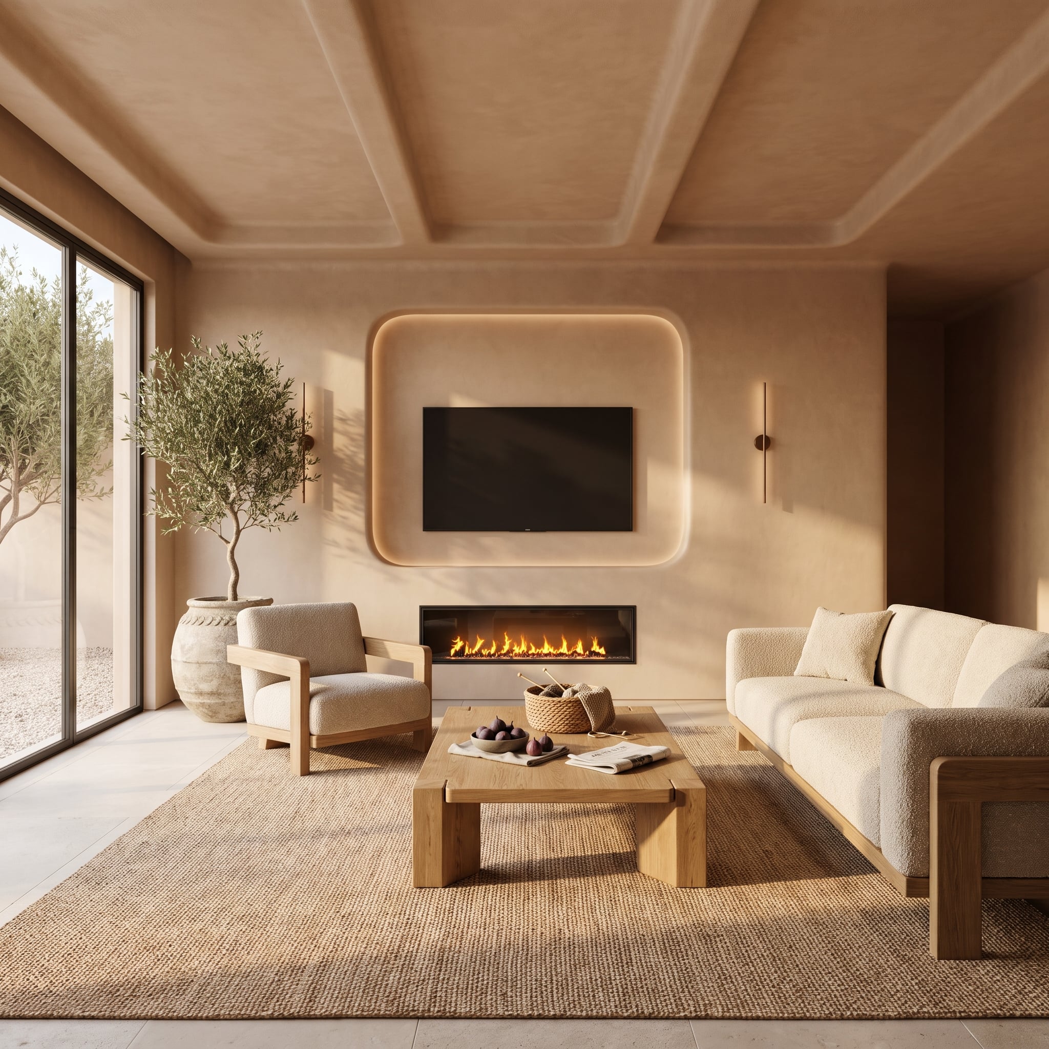 Sand-colored living room with rounded plaster niches, television above linear fireplace, oak-framed seating, and potted olive tree