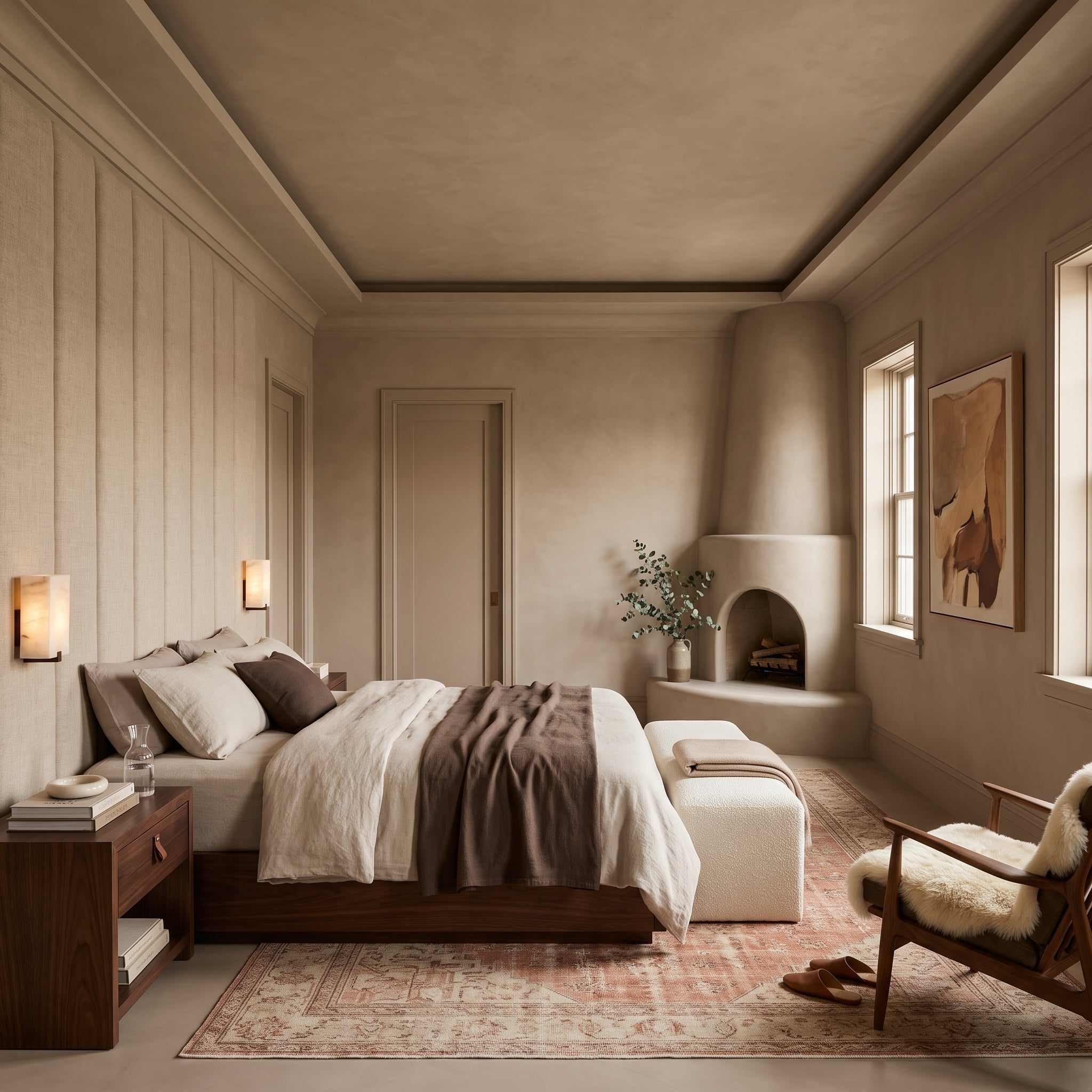 Taupe bedroom with sculptural rounded kiva fireplace, matching plaster walls, dark walnut furniture, and neutral bedding