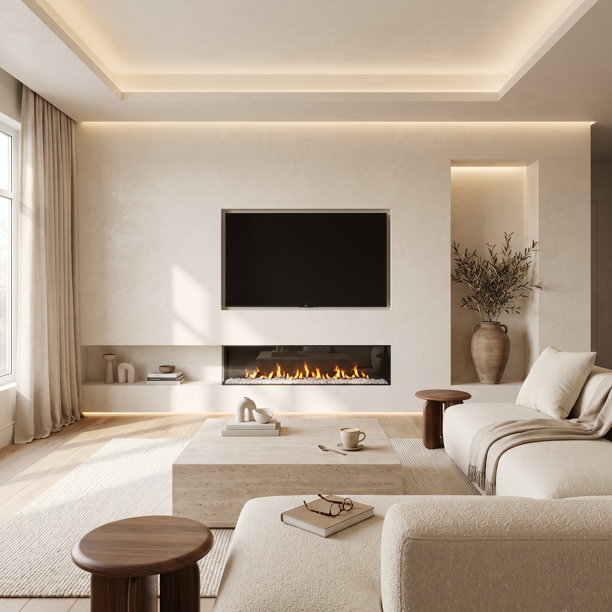 Minimal living room with pale plaster fireplace wall, recessed television, wide linear gas fireplace, and concealed cove lighting