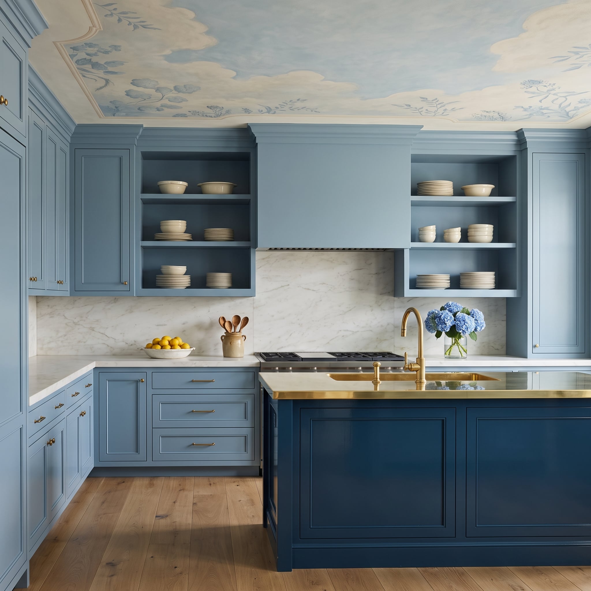 Powder-blue kitchen with navy island, botanical painted ceiling, brass countertop, and open shelves
