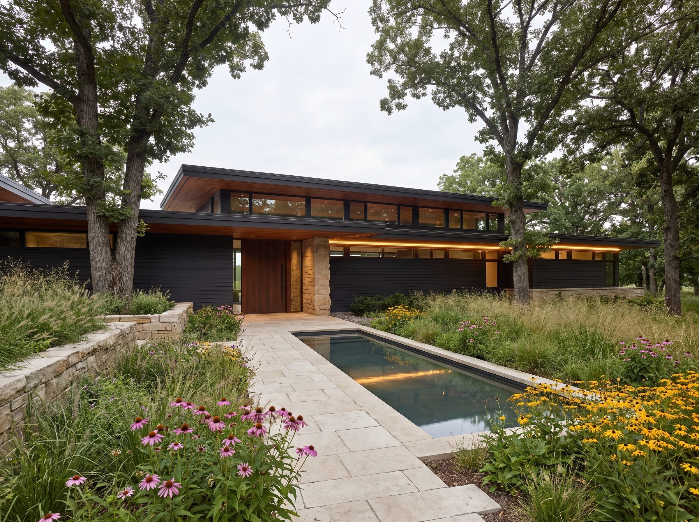 Low dark contemporary house with a reflecting pool, limestone paving, and prairie flowers