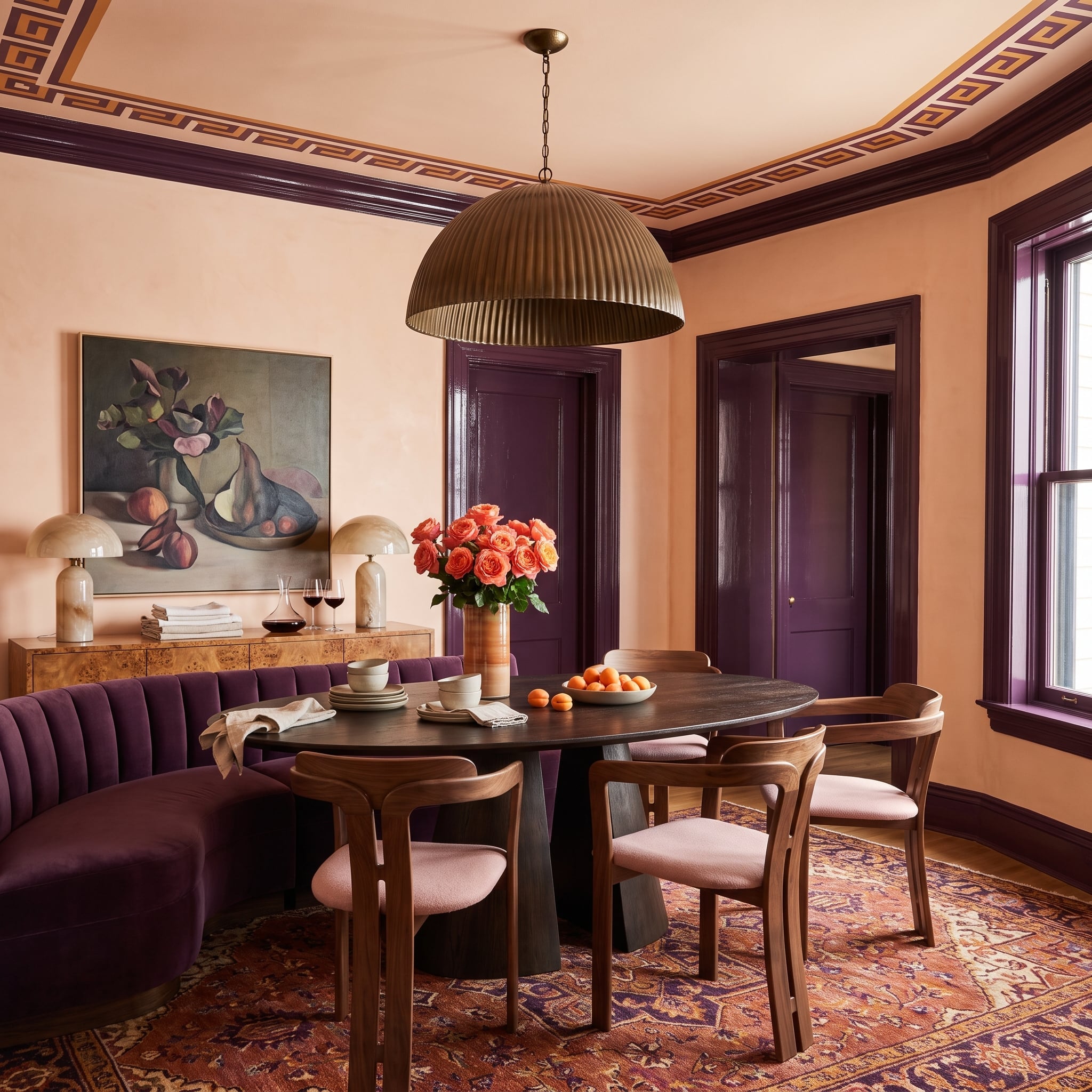 Dining room with peach walls, deep plum door and crown trim, Greek key ceiling border, and velvet banquette