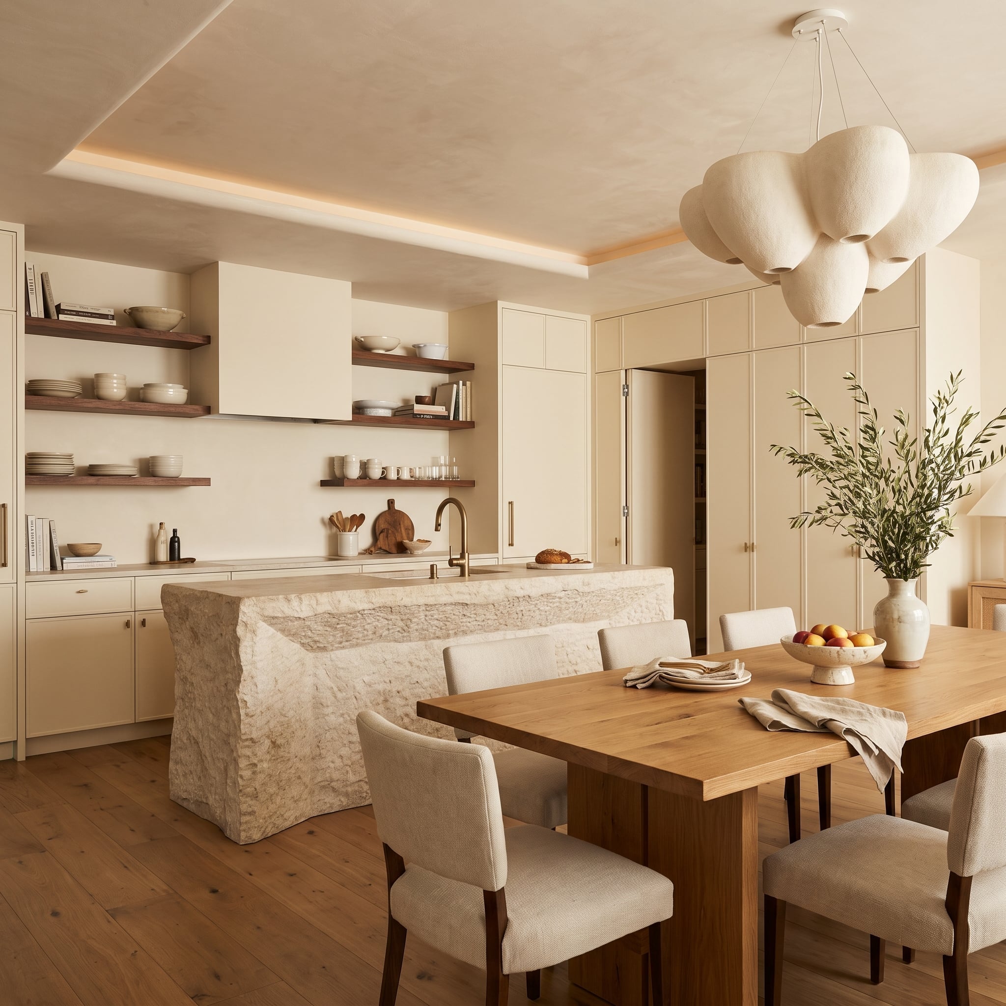 Cream kitchen with rough-faced limestone island, walnut open shelves, and sculptural pendant