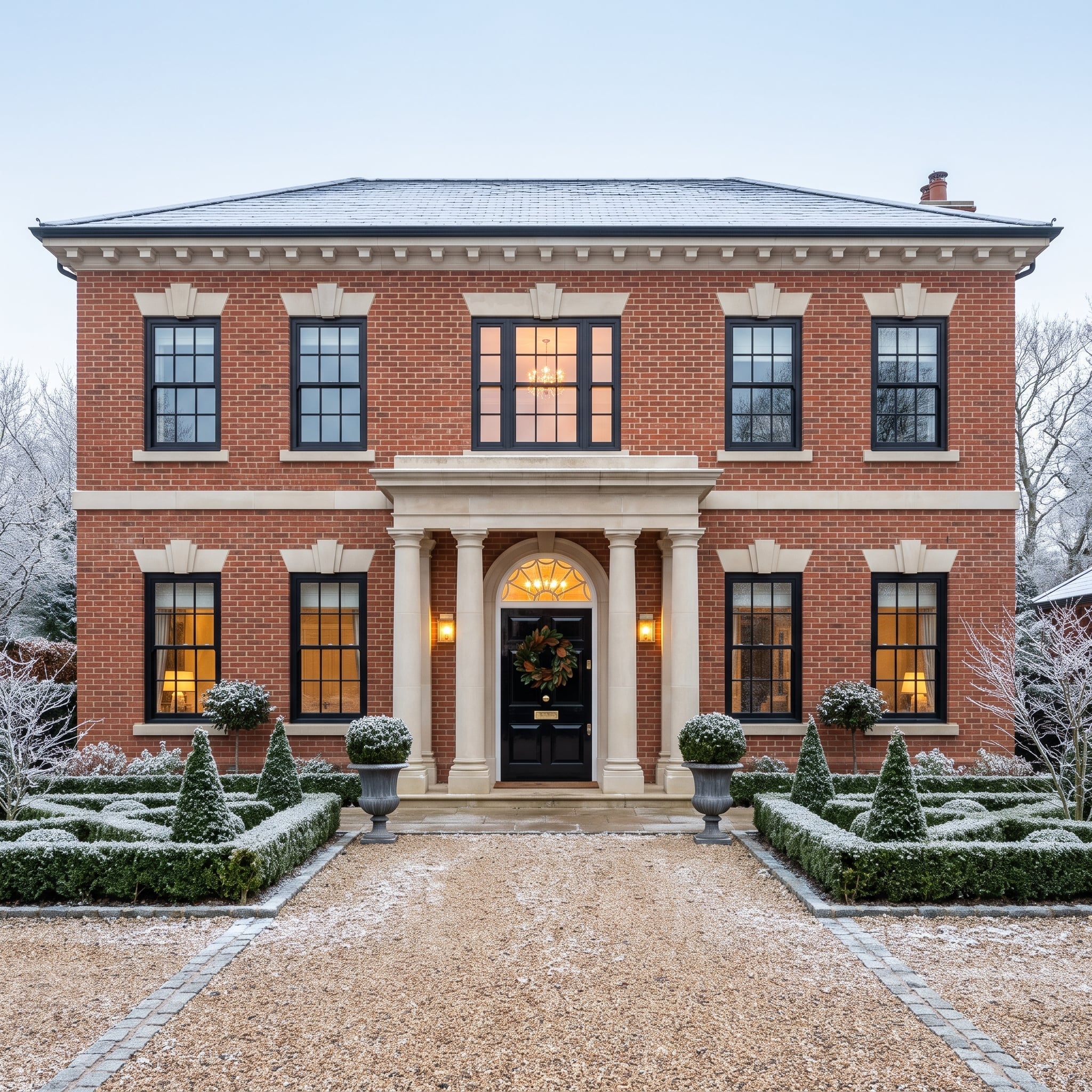 Georgian-style red brick residence with Ionic portico and black sash windows