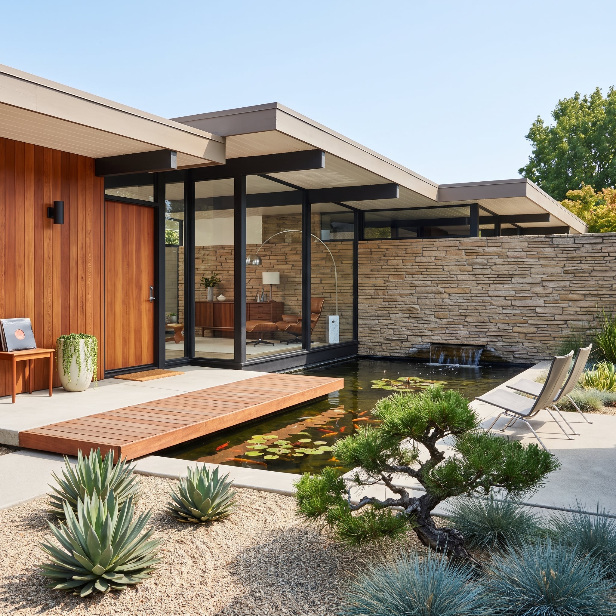 Midcentury-inspired redwood courtyard with black steel windows, koi pond and sculptural pine