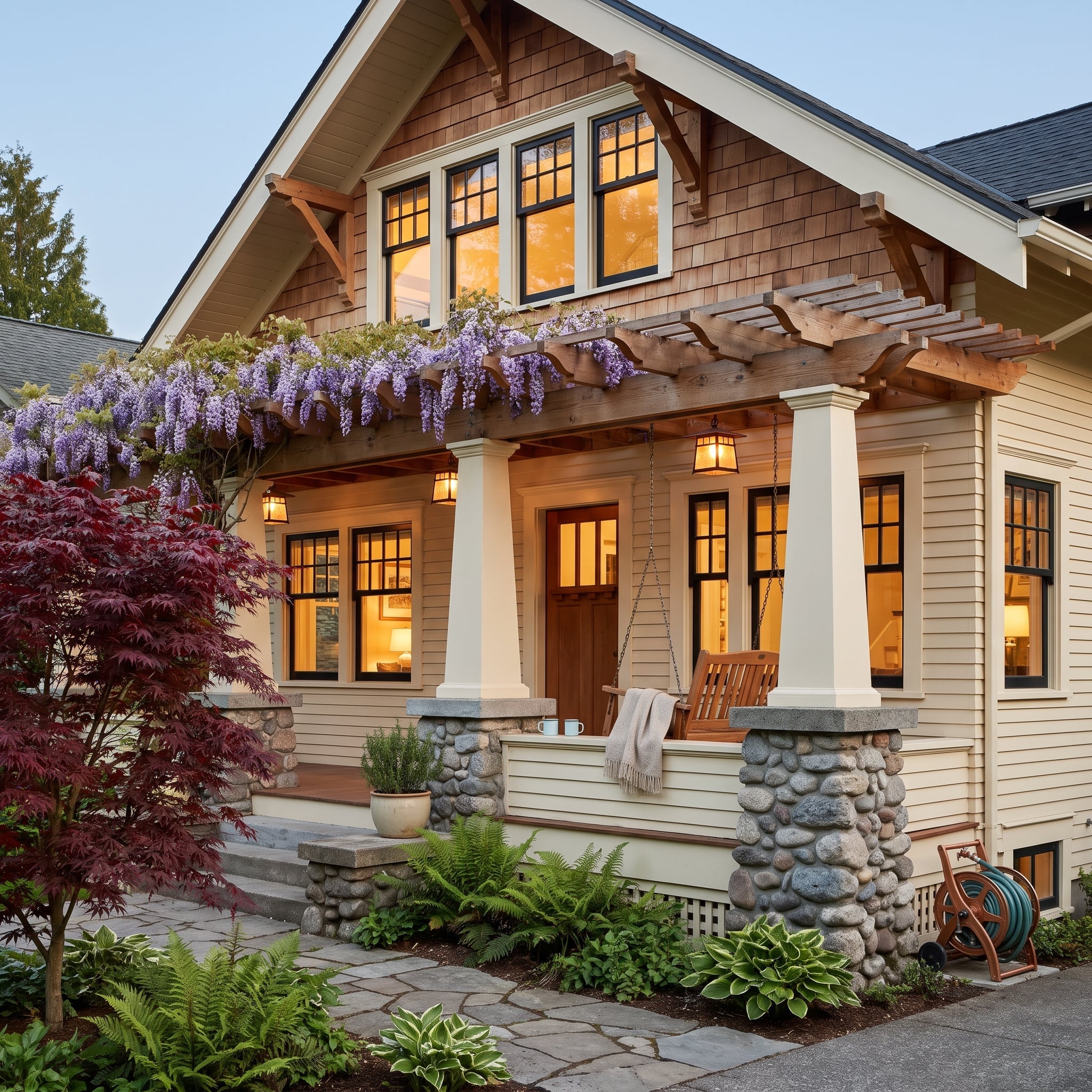 Craftsman-inspired house with cedar shingles, river stone porch piers, wisteria and black-framed windows