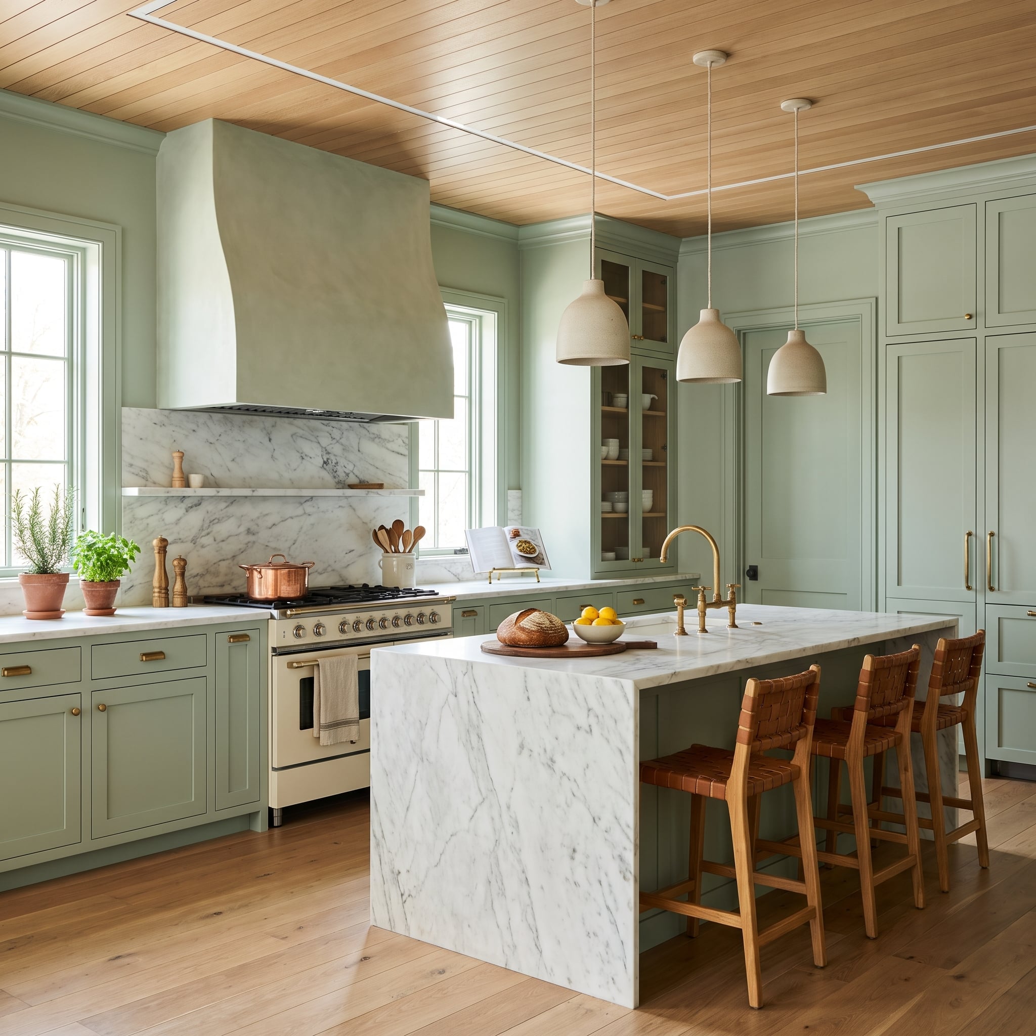 Kitchen with sage-green cabinetry and wall surfaces, natural oak plank ceiling, marble counters, brass hardware, and cream pendants