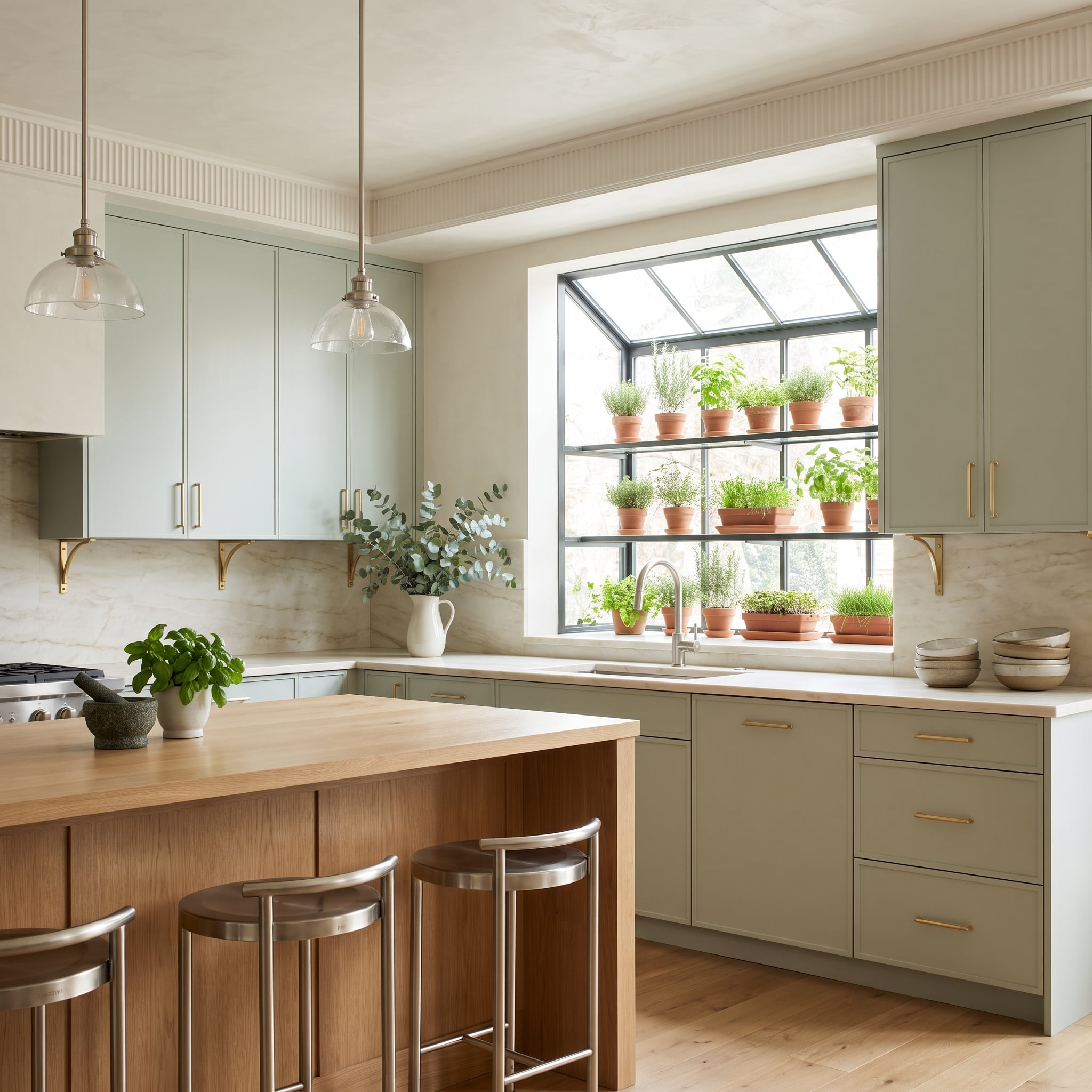 Sage Cabinets, Brass Pulls, and a Sink Window That Grows Its Own Garnish