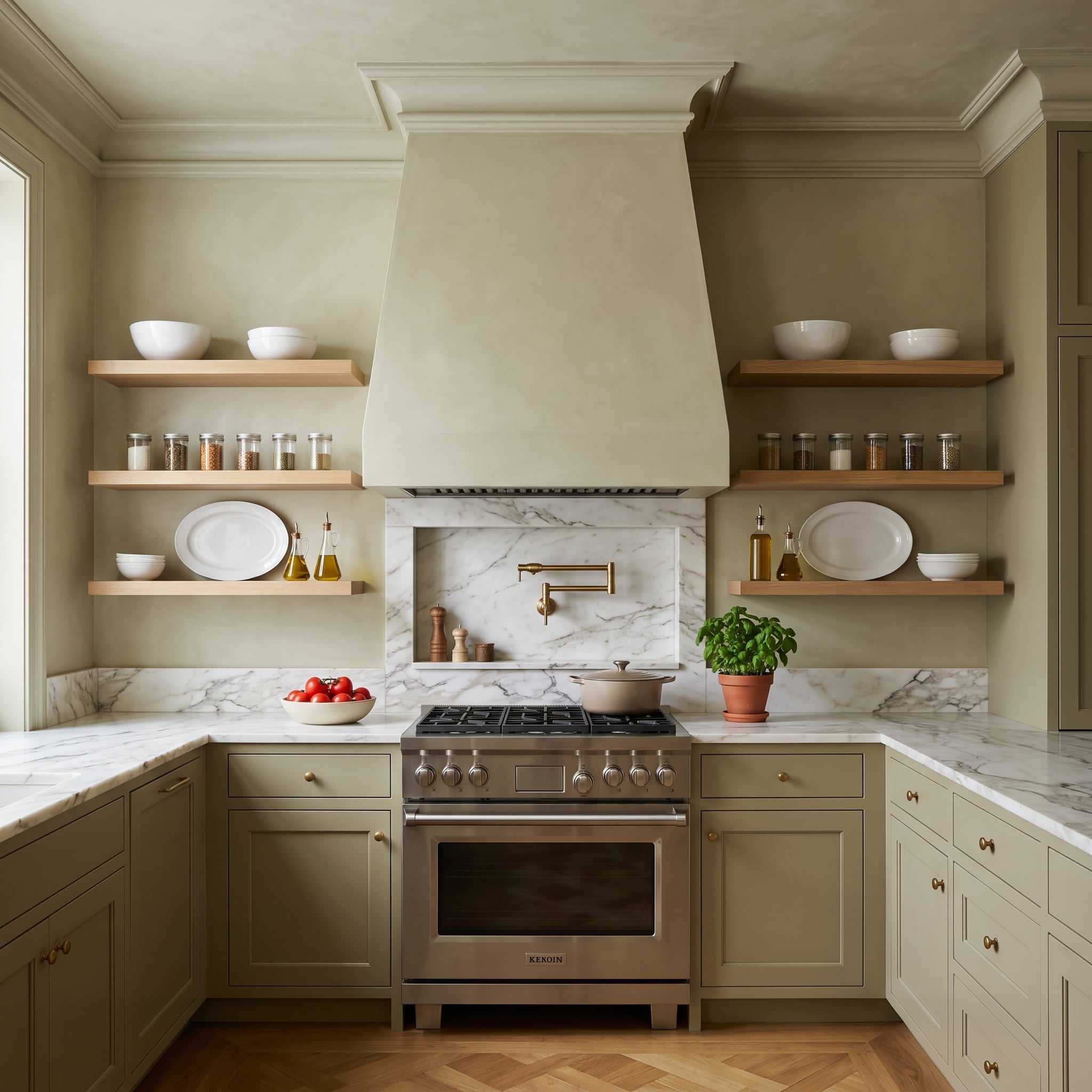 Sage kitchen with symmetrical oak floating shelves, plaster range hood, marble slab backsplash, and brass pot filler