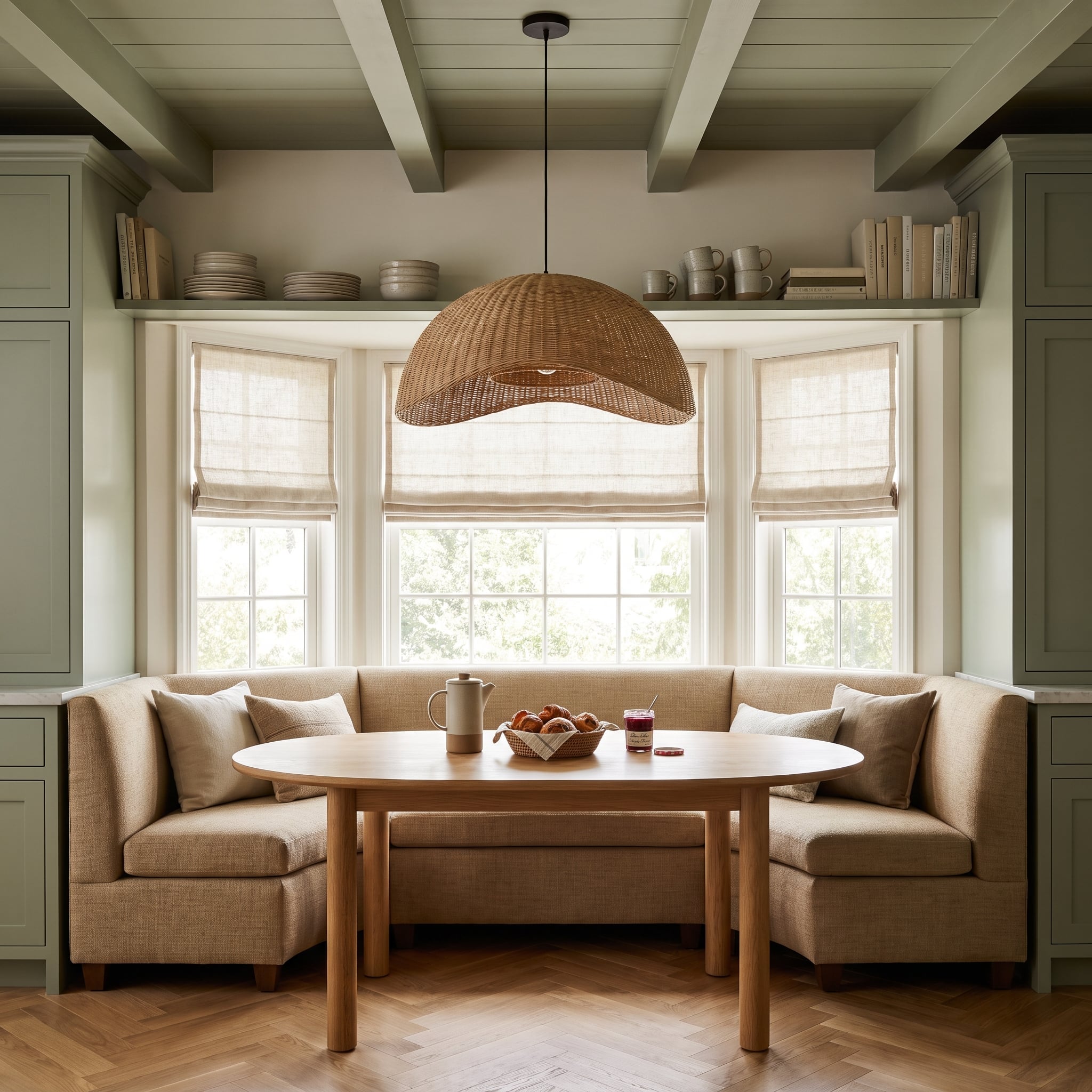 Sage green kitchen with banquette breakfast nook, rattan pendant, and open shelving above the windows