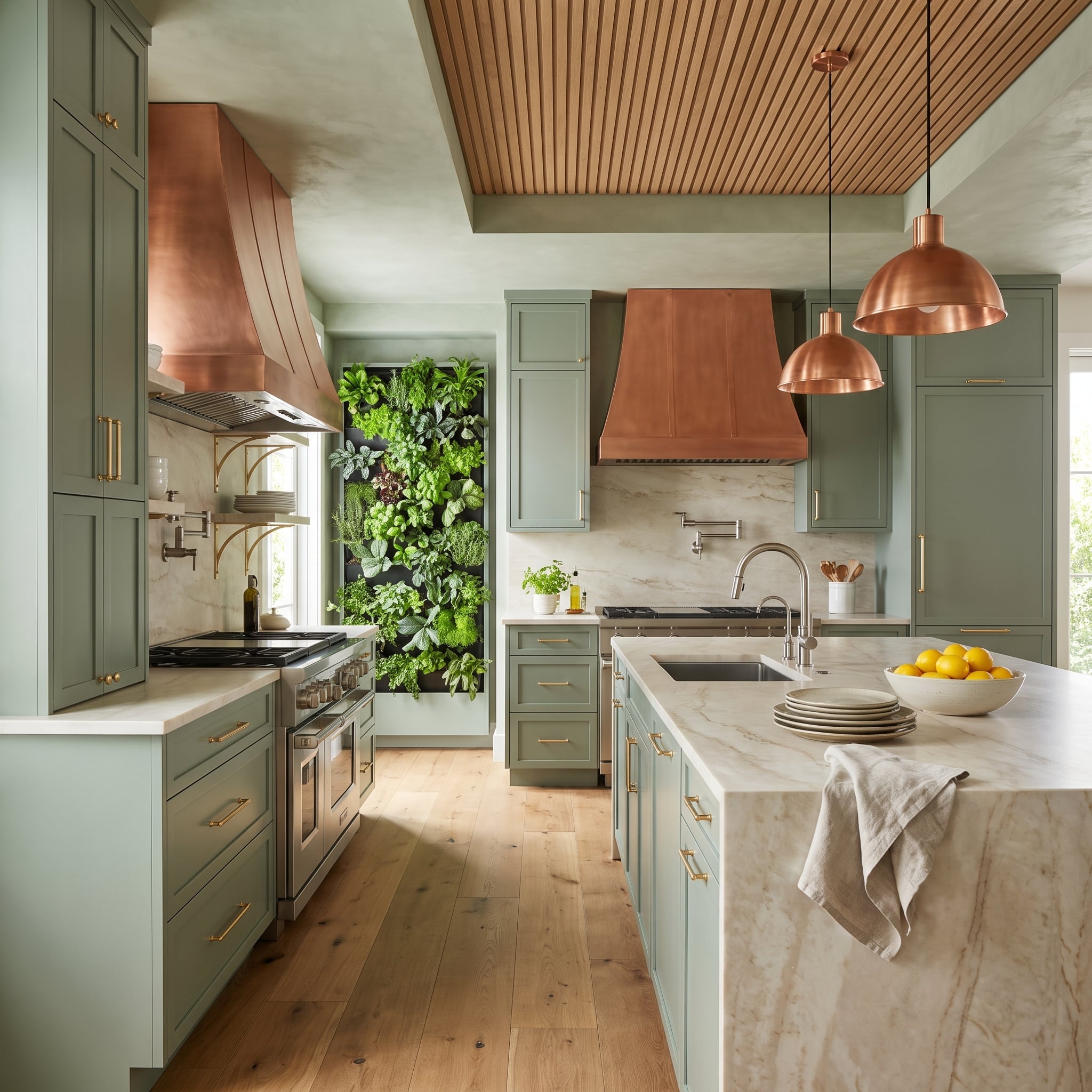 Sage Green Cabinets, Copper Hoods, and a Living Wall That Made the Third Element Organic