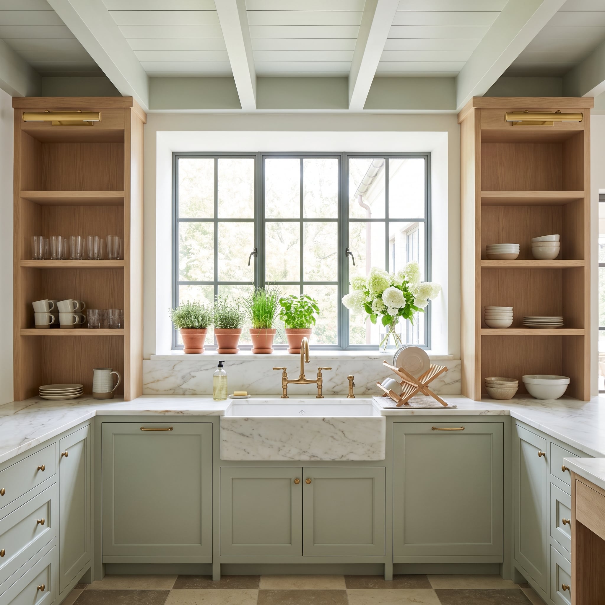 Sage kitchen with tall oak open shelving towers flanking a picture window and farmhouse sink