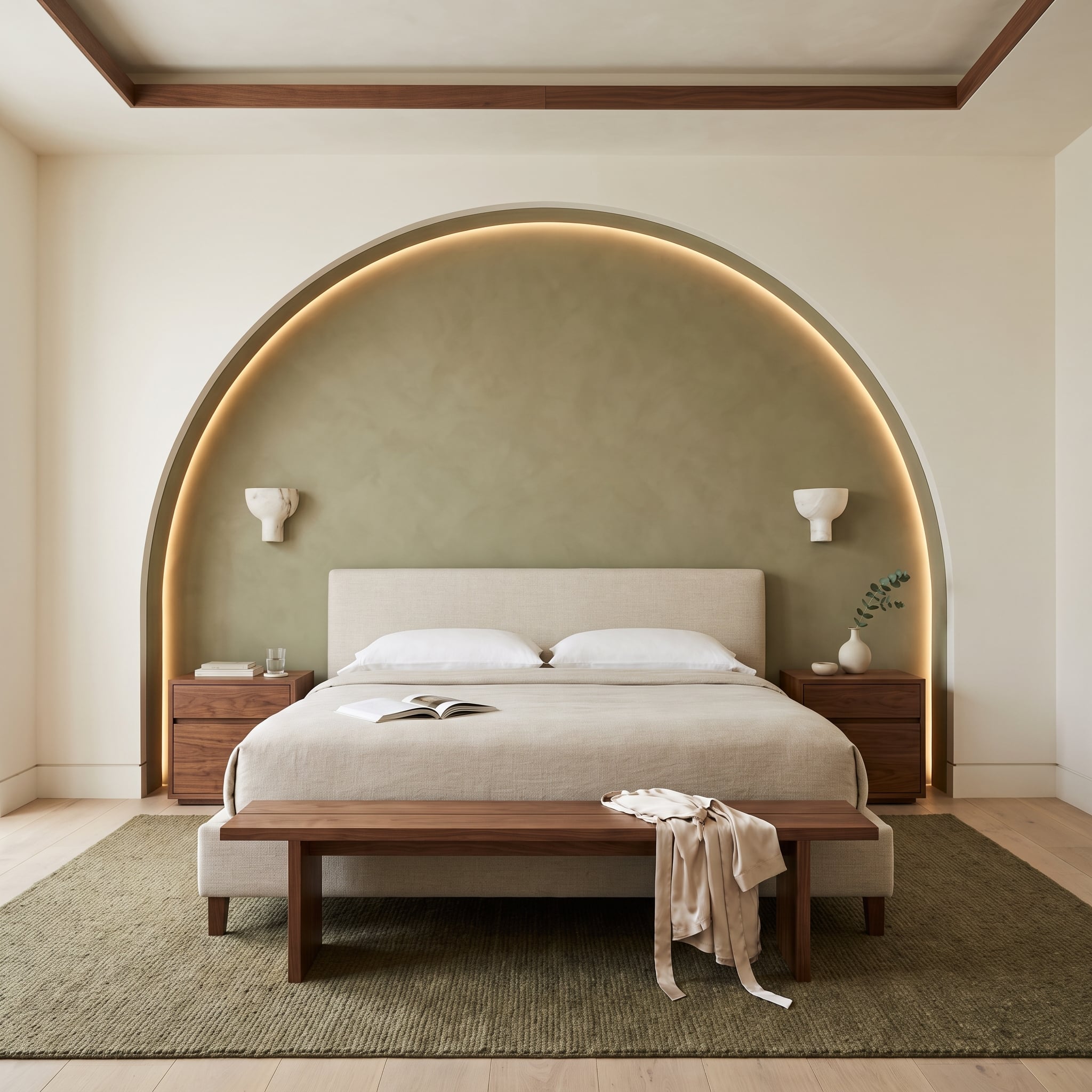 Sage plaster arched recessed accent wall framing an upholstered bed with concealed lighting