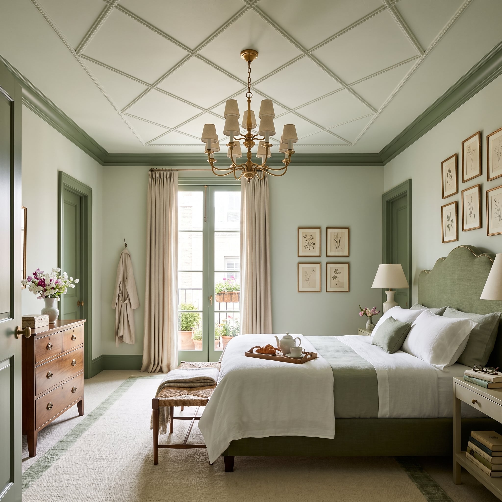 Bedroom with sage-green crown molding, baseboards, door casings, and ceiling-coffer trim