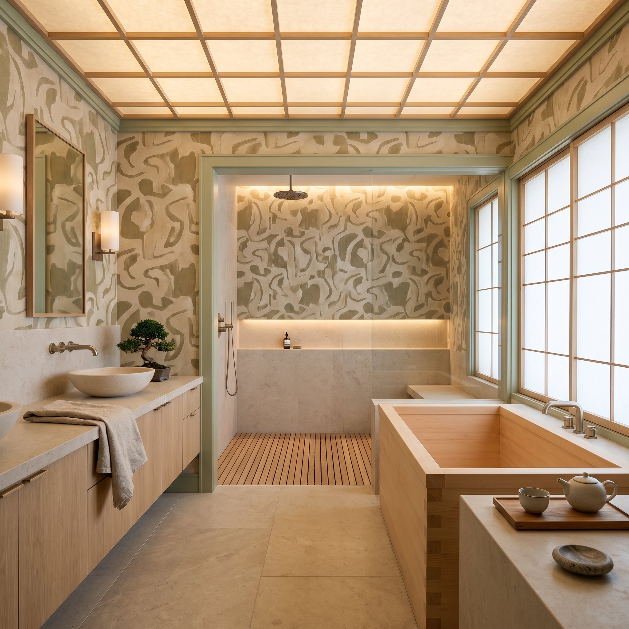 Shoji Ceiling, Soaking Tub, and Wallpaper That Earns Its Place