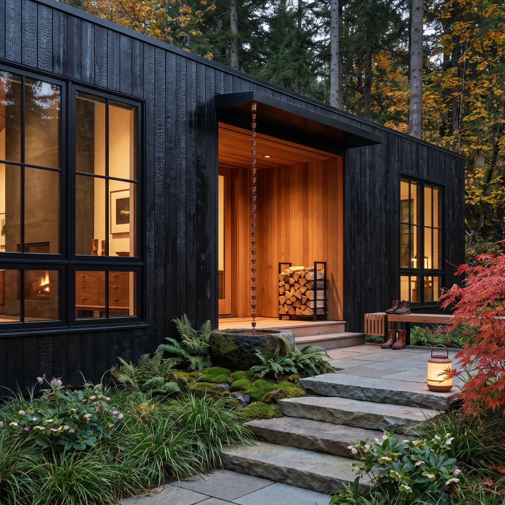 Forest home entrance with charred cedar siding, warm cedar alcove, copper rain chain and dark-framed glazing