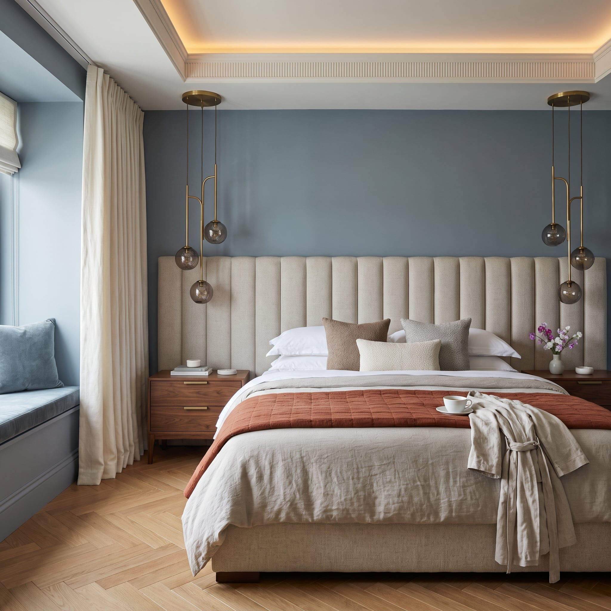 Slate-blue bedroom accent wall with oatmeal channeled headboard and brass pendant lighting