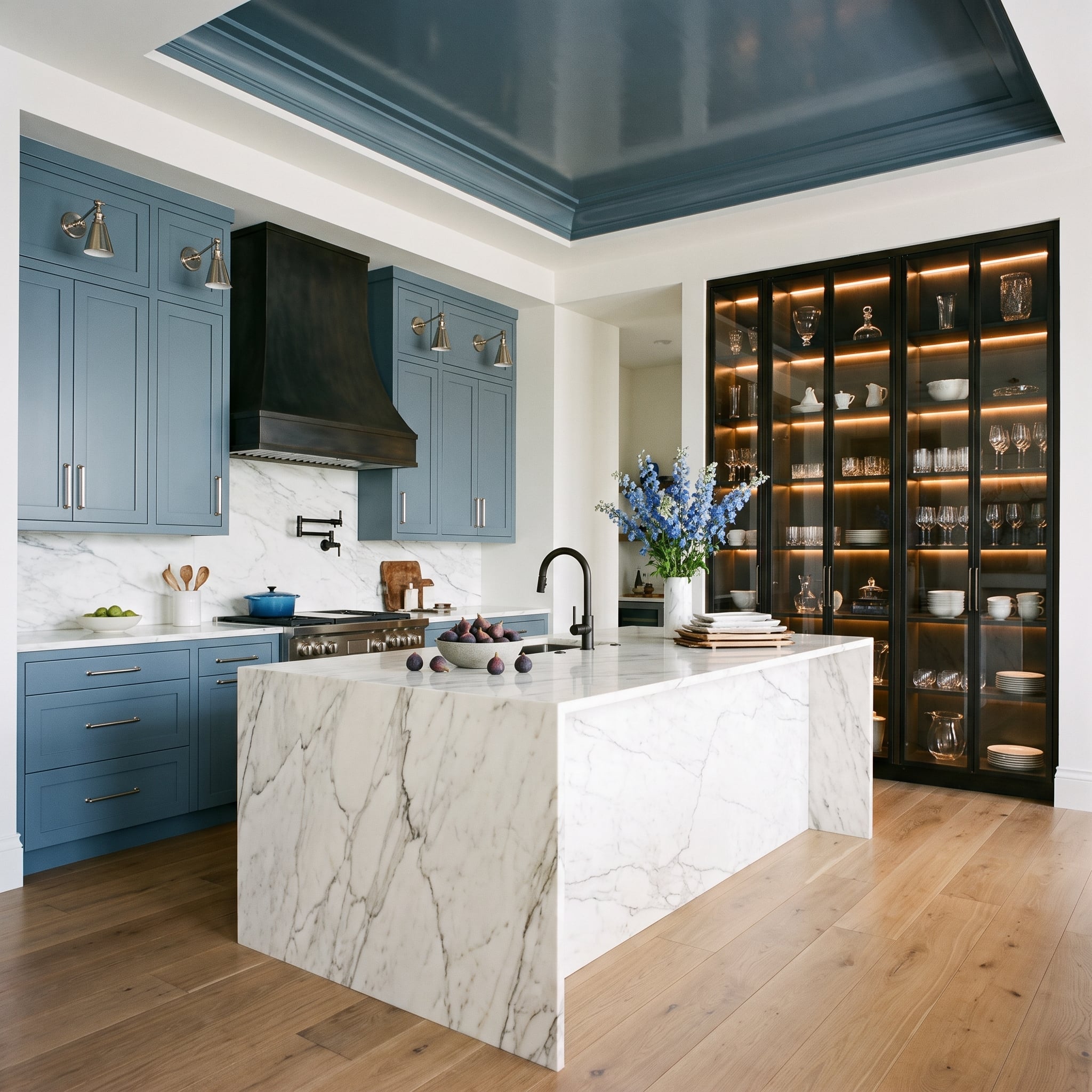 Slate Blue Cabinets, Matte Black Hood, and Brushed Nickel Sconces That Each Owned Their Zone