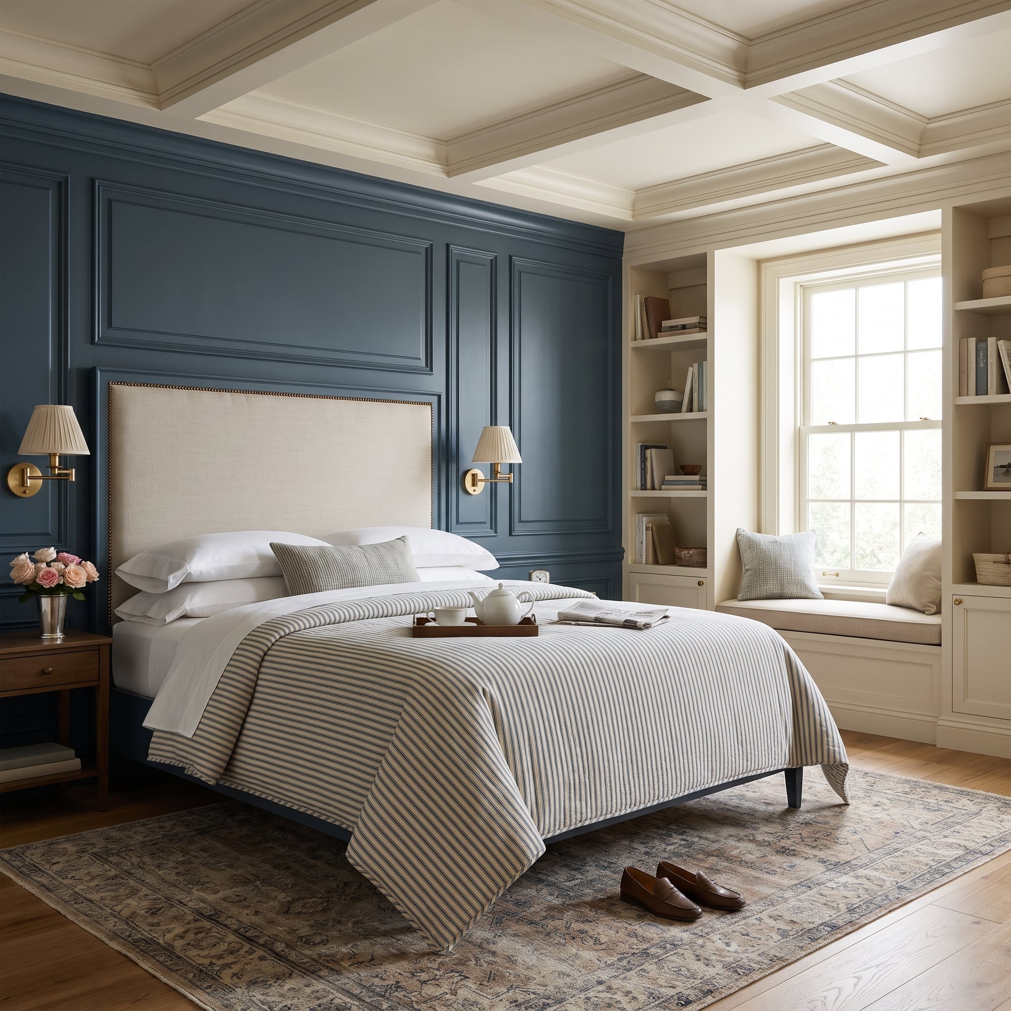 Slate-blue bedroom paneling with linen headboard and coffered ceiling