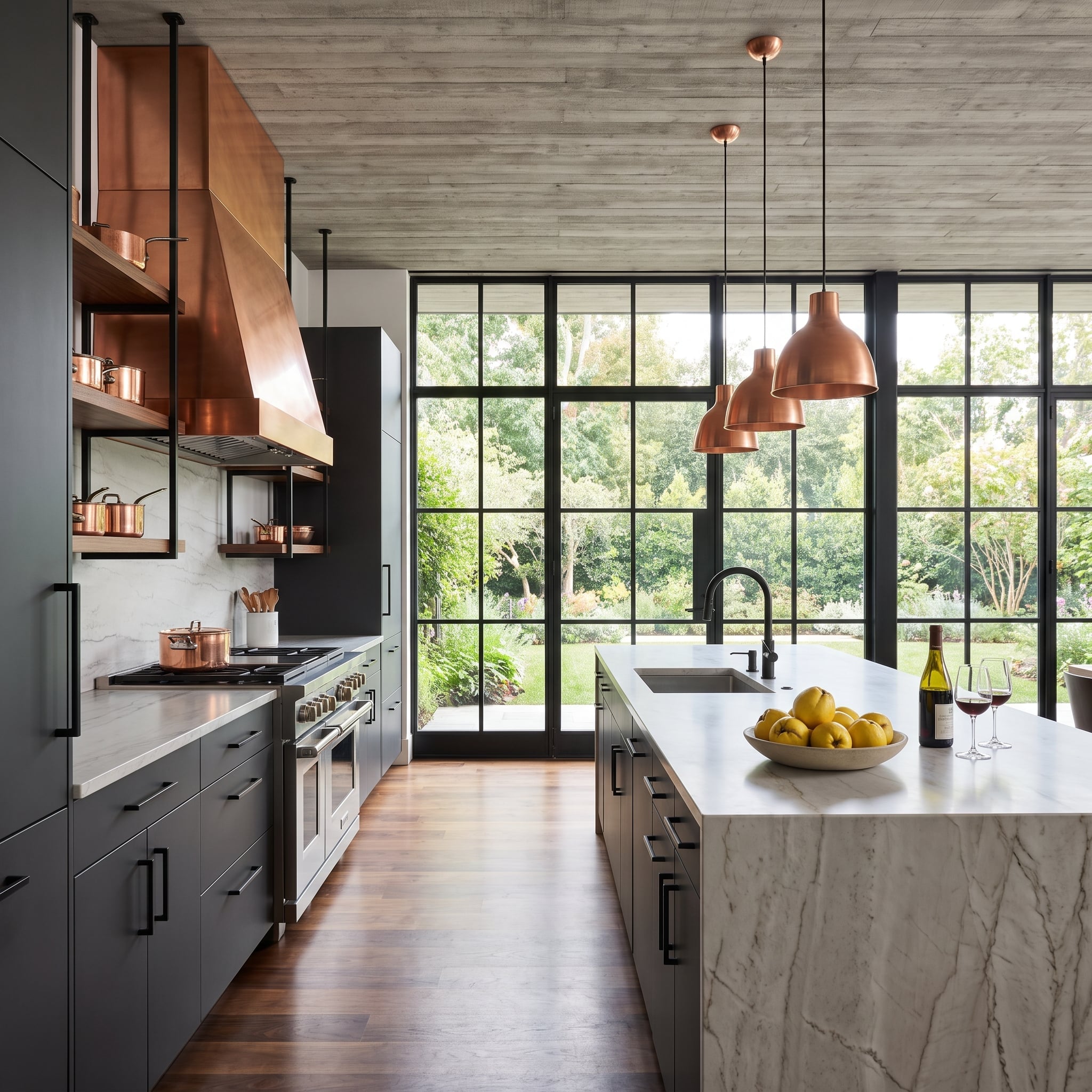 Slate Cabinets, Copper Hood, and Floor-to-Ceiling Glass That Made Three Finishes Feel Earned