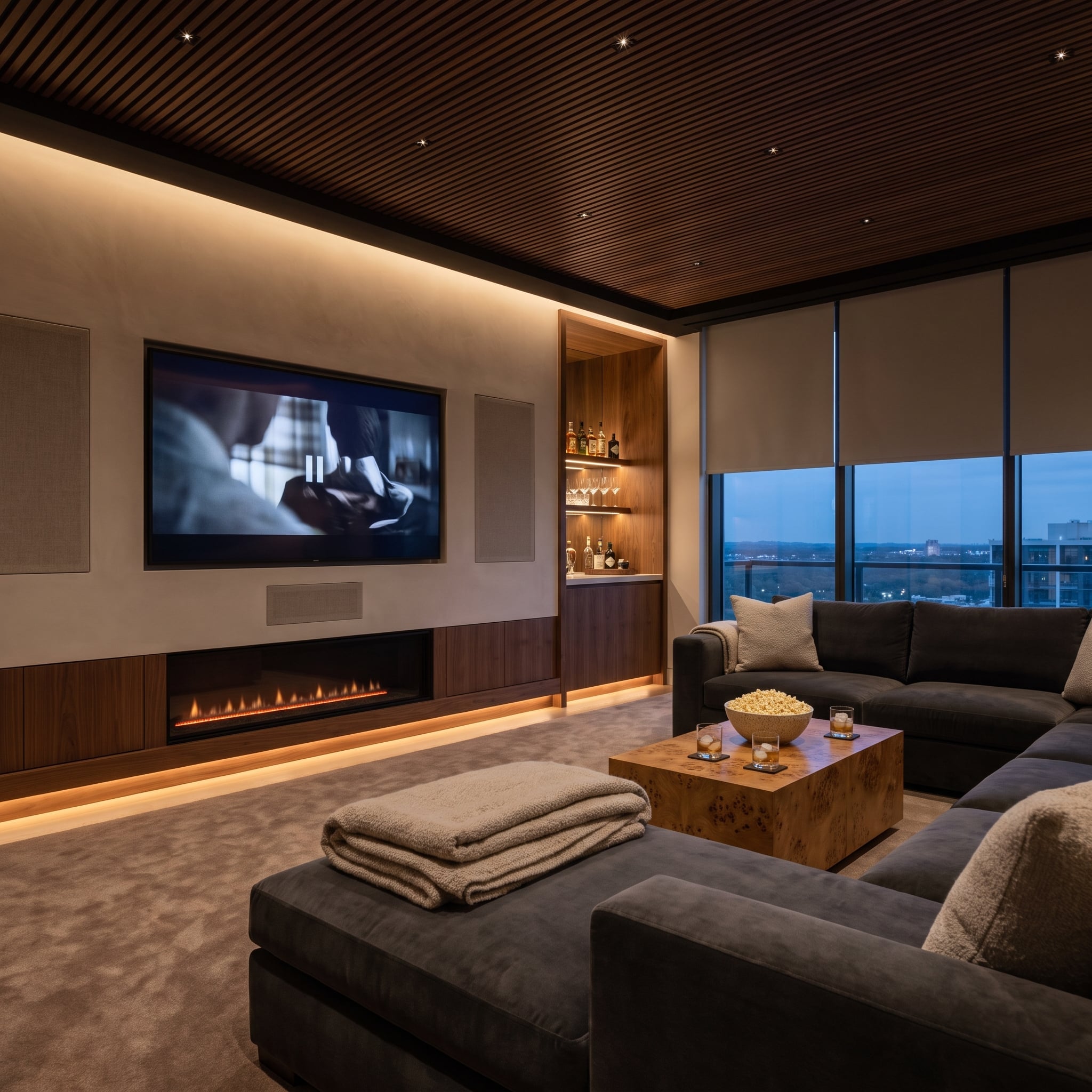 Charcoal media room with slatted walnut ceiling, television above a long linear fireplace, and integrated bar