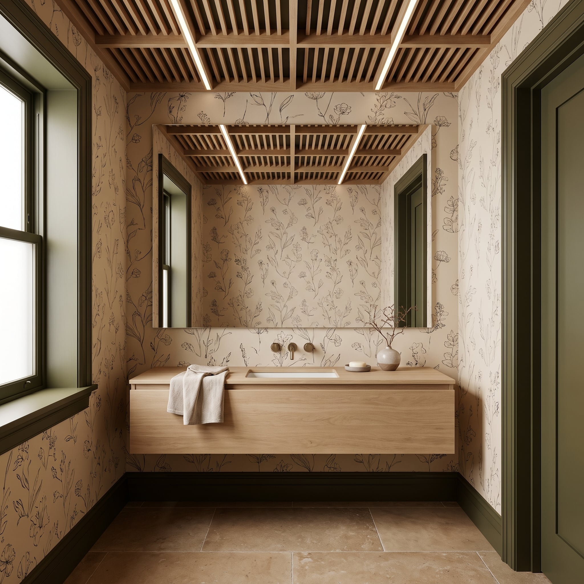 Slatted Wood Ceiling, Wildflower Wallpaper, and a Vanity That Knows Exactly What It's Doing