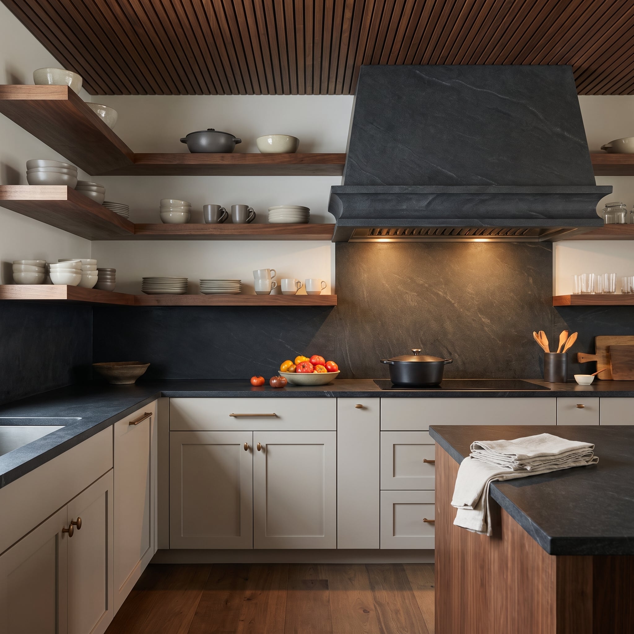 Kitchen with dark soapstone countertops, backsplash and range hood, walnut open shelves, and cream cabinets