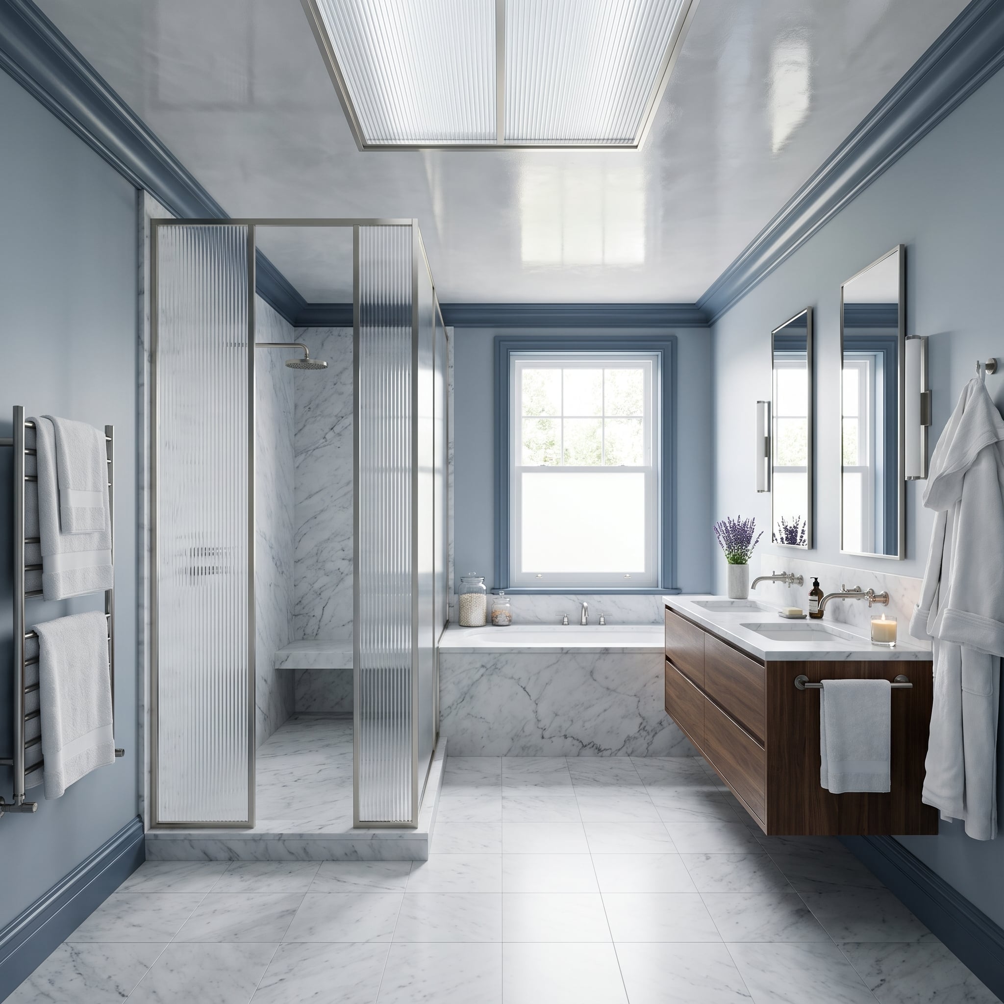 Spa bathroom with steel-blue crown molding and baseboards, marble surfaces, reeded-glass shower, and walnut vanity
