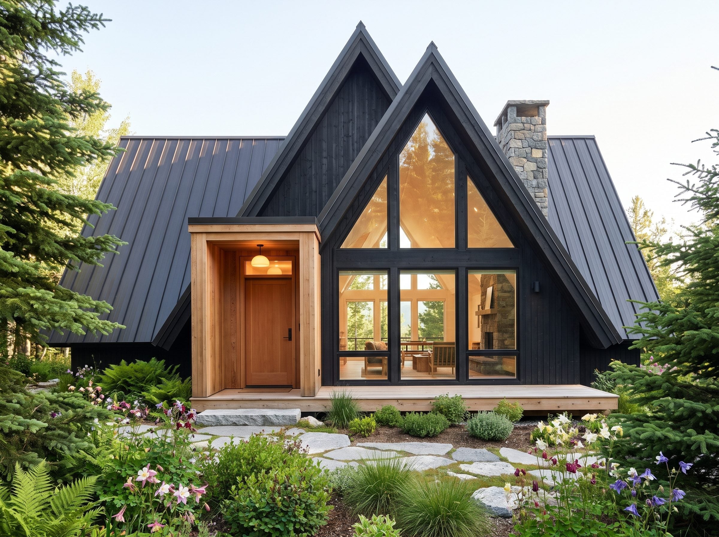 Black gabled house with a cedar-clad entry and large glazing beneath the roof peak