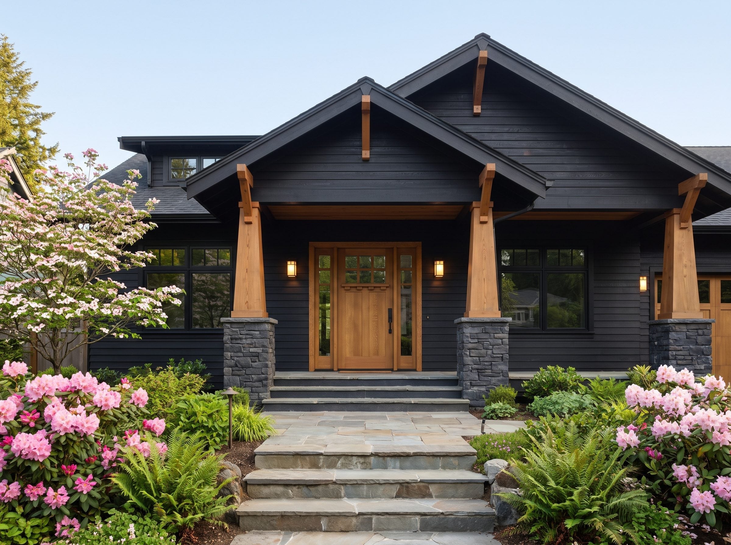 Dark navy house with timber porch columns on stone bases and flowering rhododendrons