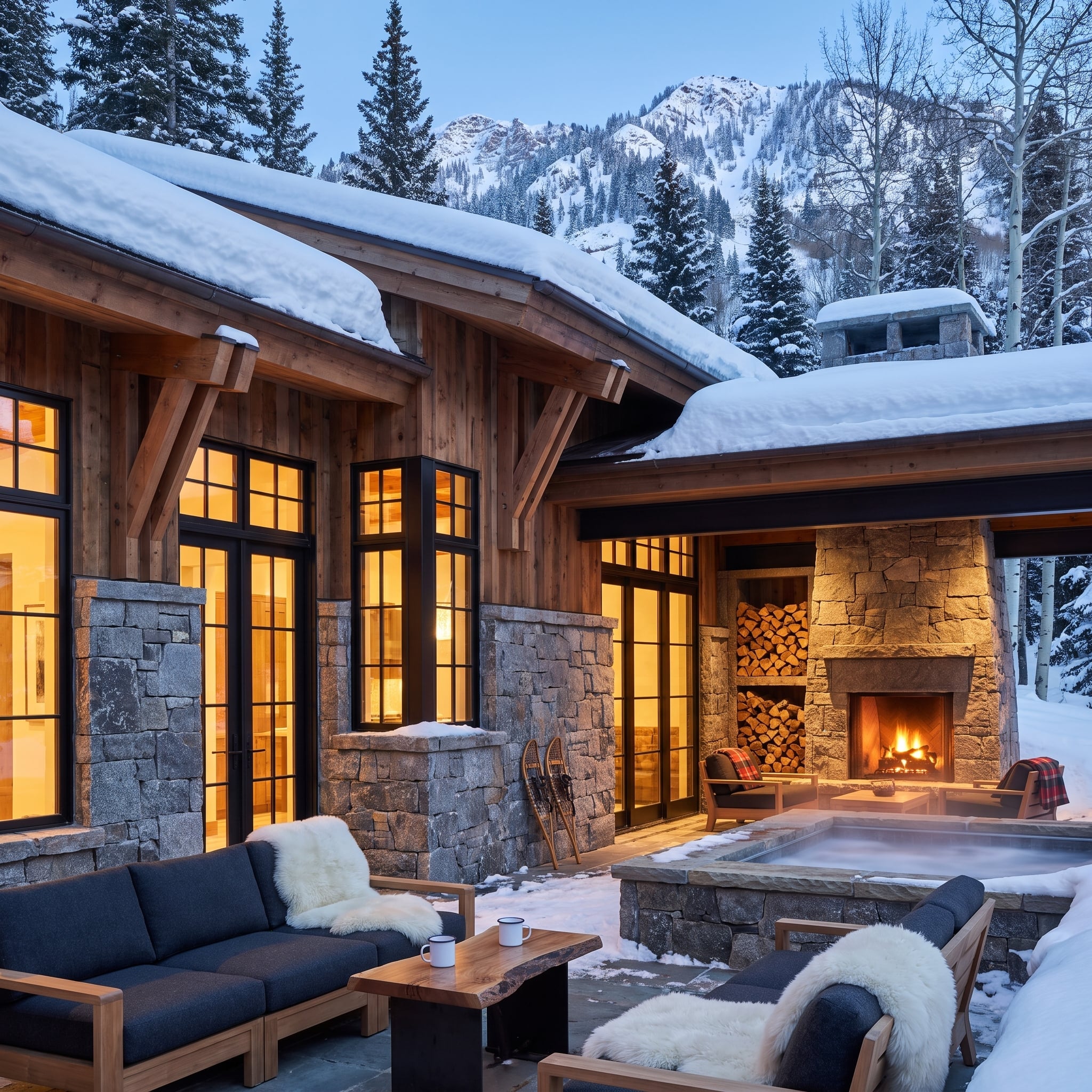 Mountain patio with stone fireplace, steaming hot tub, black French doors and snowy aspen landscape