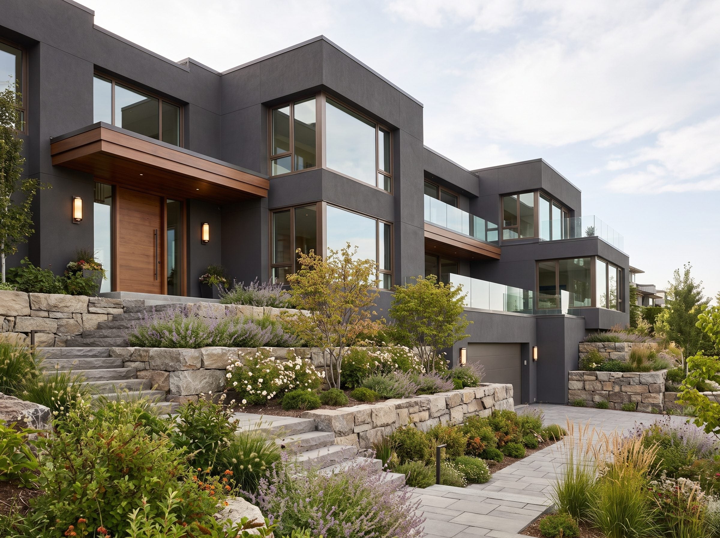 Dark stucco house above layered stone retaining walls and planted terraces