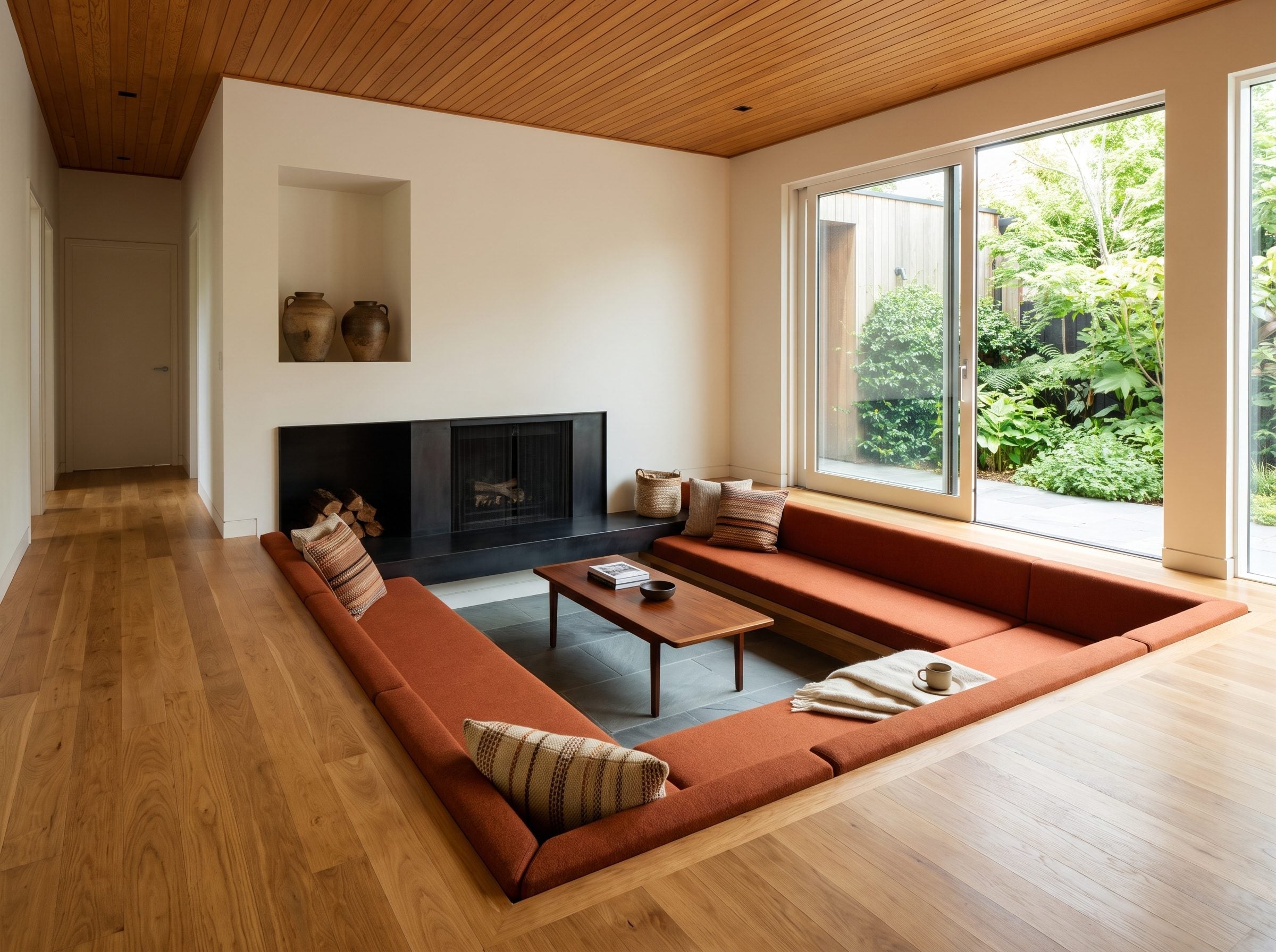Sunken living room with warm wood ceiling, oak flooring, walnut coffee table, slate tile, and rust-colored seating