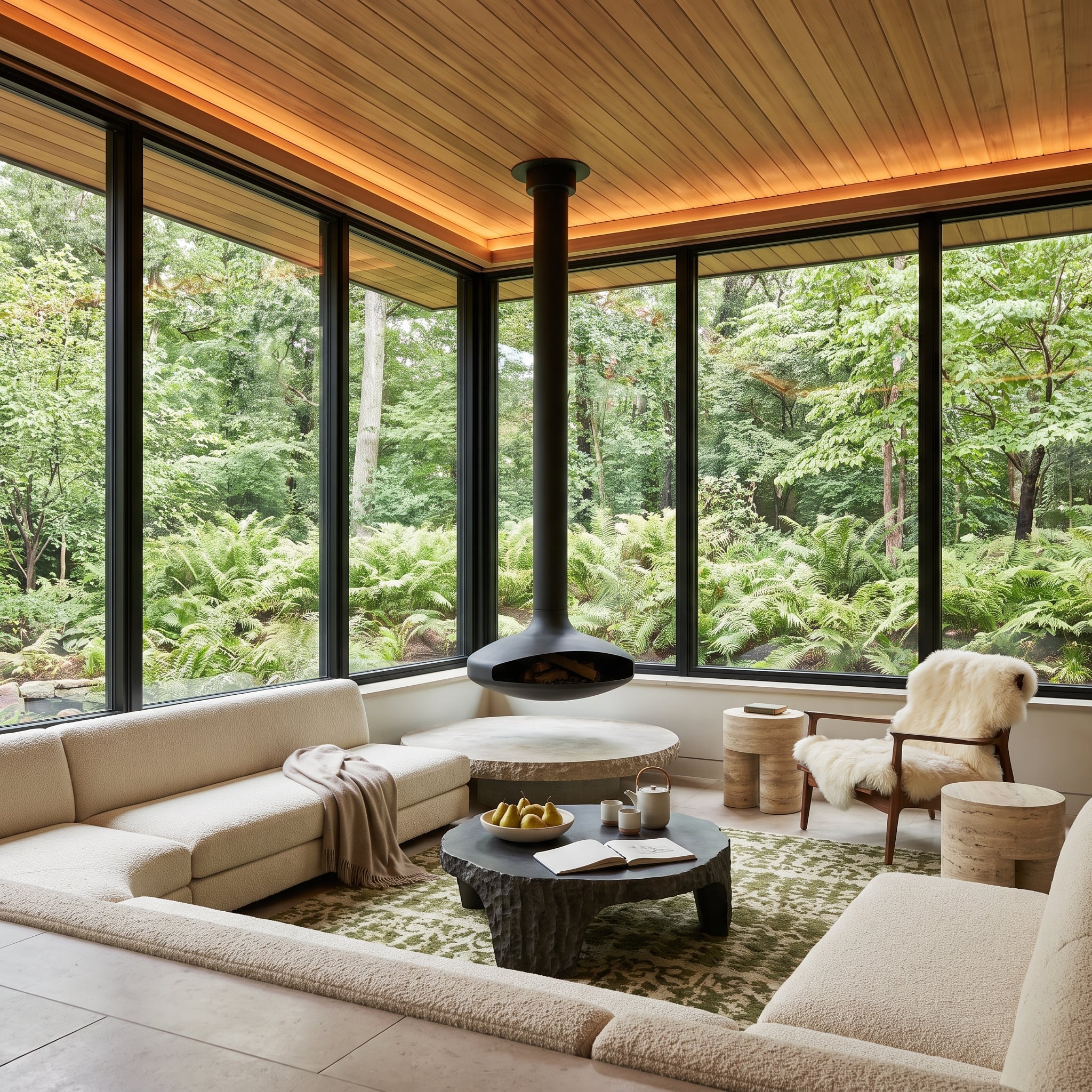 Modern forest living room with suspended fireplace, cedar ceiling and floor-to-ceiling black windows