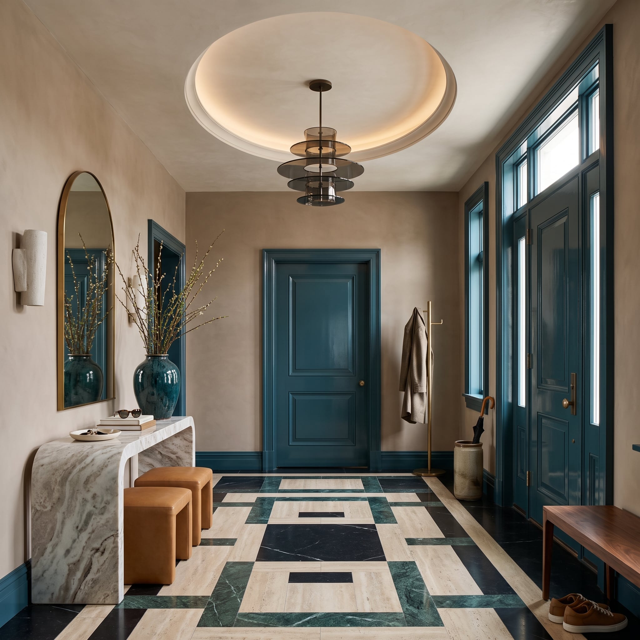 Entryway with glossy teal-painted architectural trim and geometric black, cream, and green marble flooring