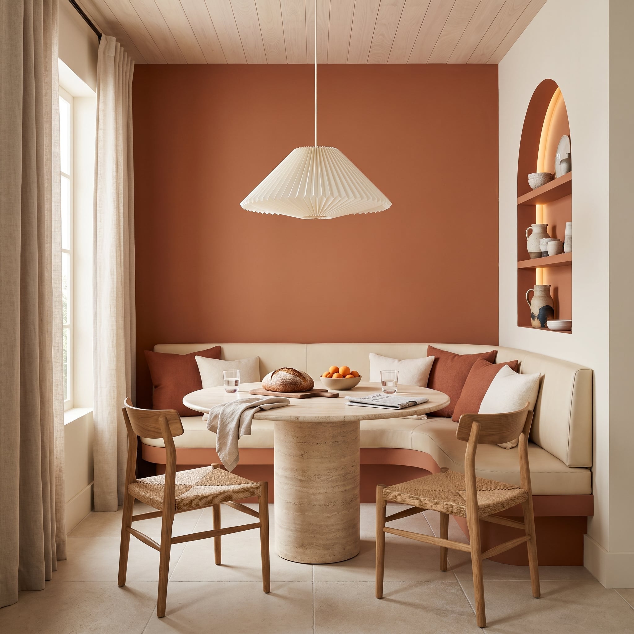 Burnt-sienna accent wall with curved cream banquette and travertine breakfast table