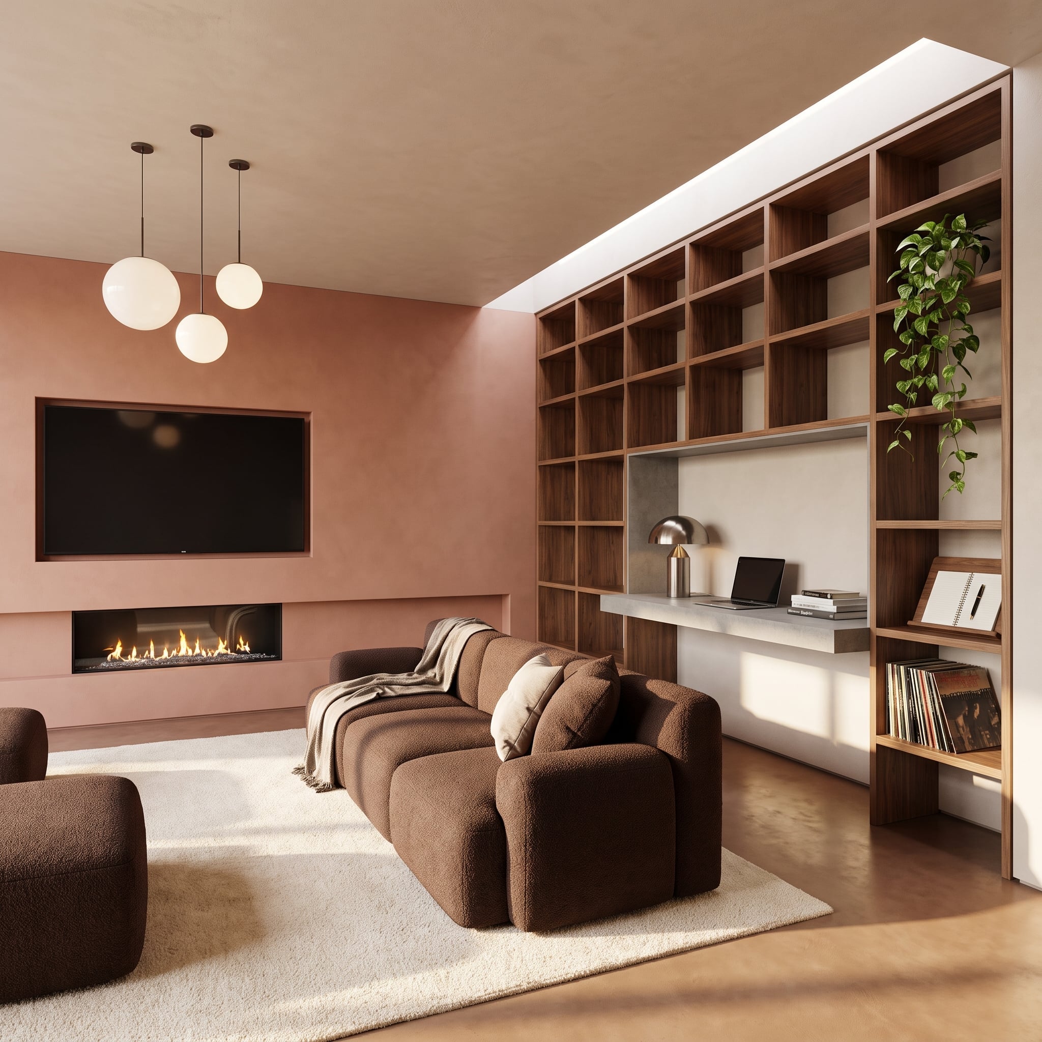 Terracotta plaster living room with television fireplace wall, walnut built-in shelving, and globe pendant lighting