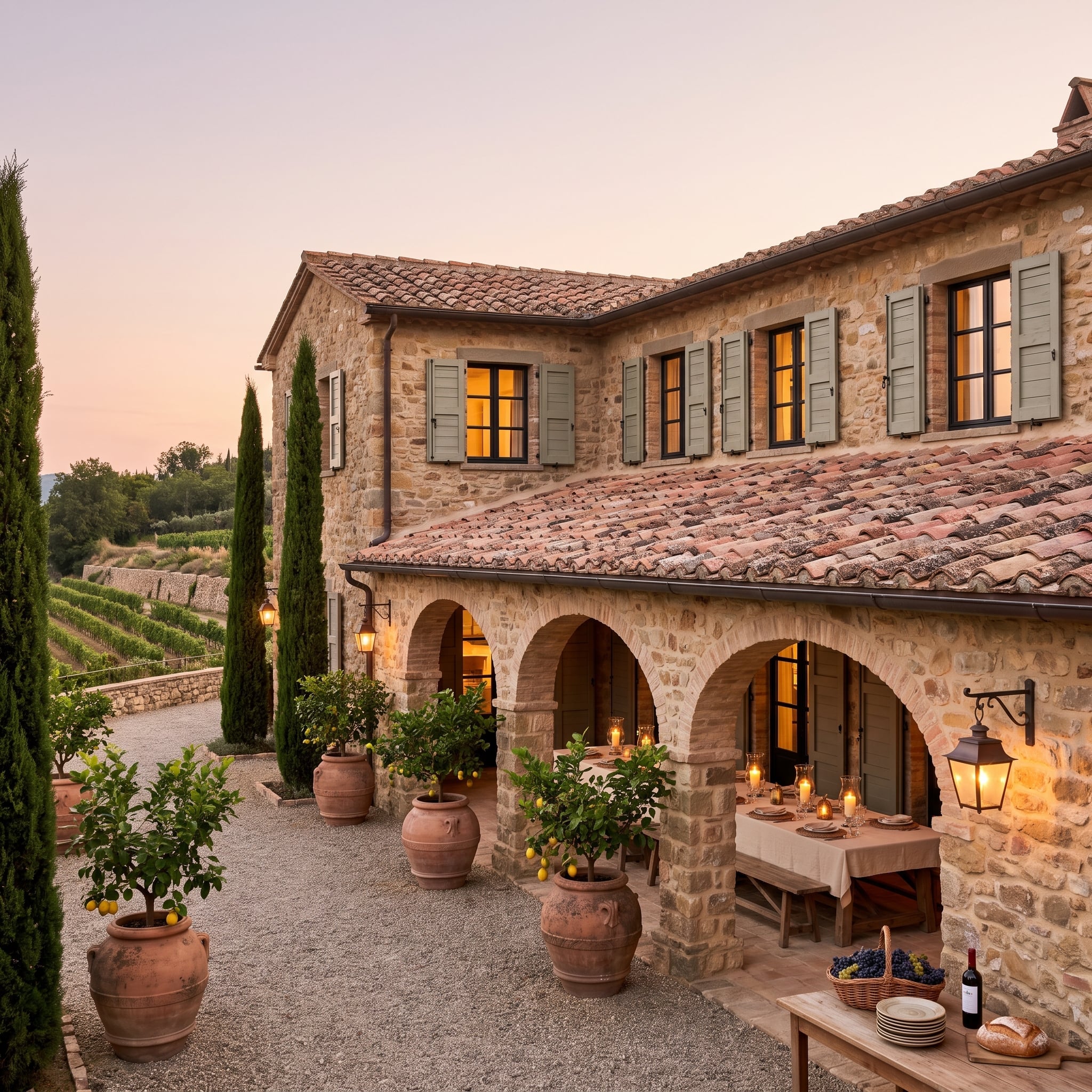 Tuscan farmhouse-inspired courtyard with terracotta roof, lemon trees and black-framed glazing