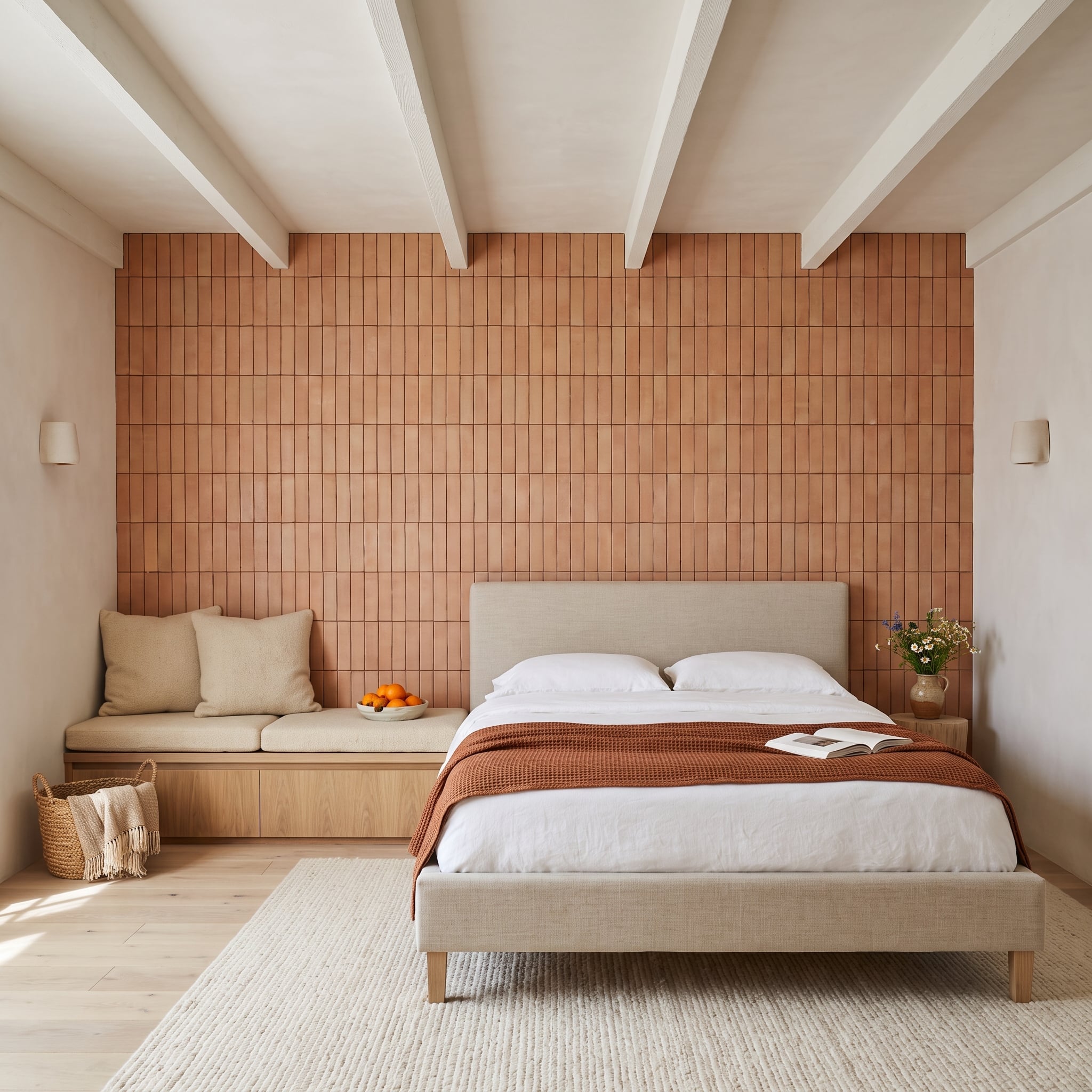 Terracotta brick tile bedroom accent wall with linen bed and exposed ceiling beams