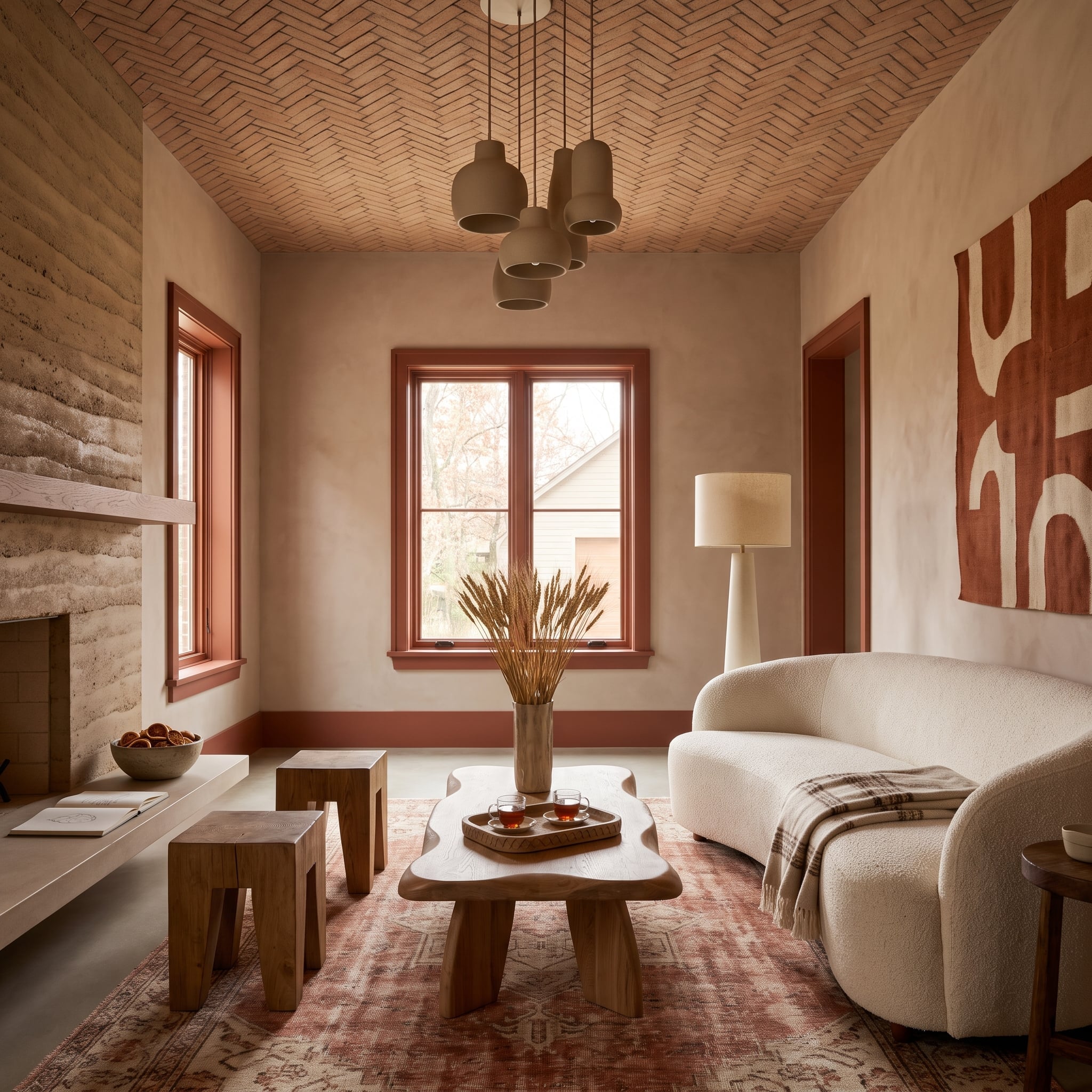 Living room with terracotta-painted window and baseboard trim, herringbone brick ceiling, cream bouclé sofa, and sculptural wood table