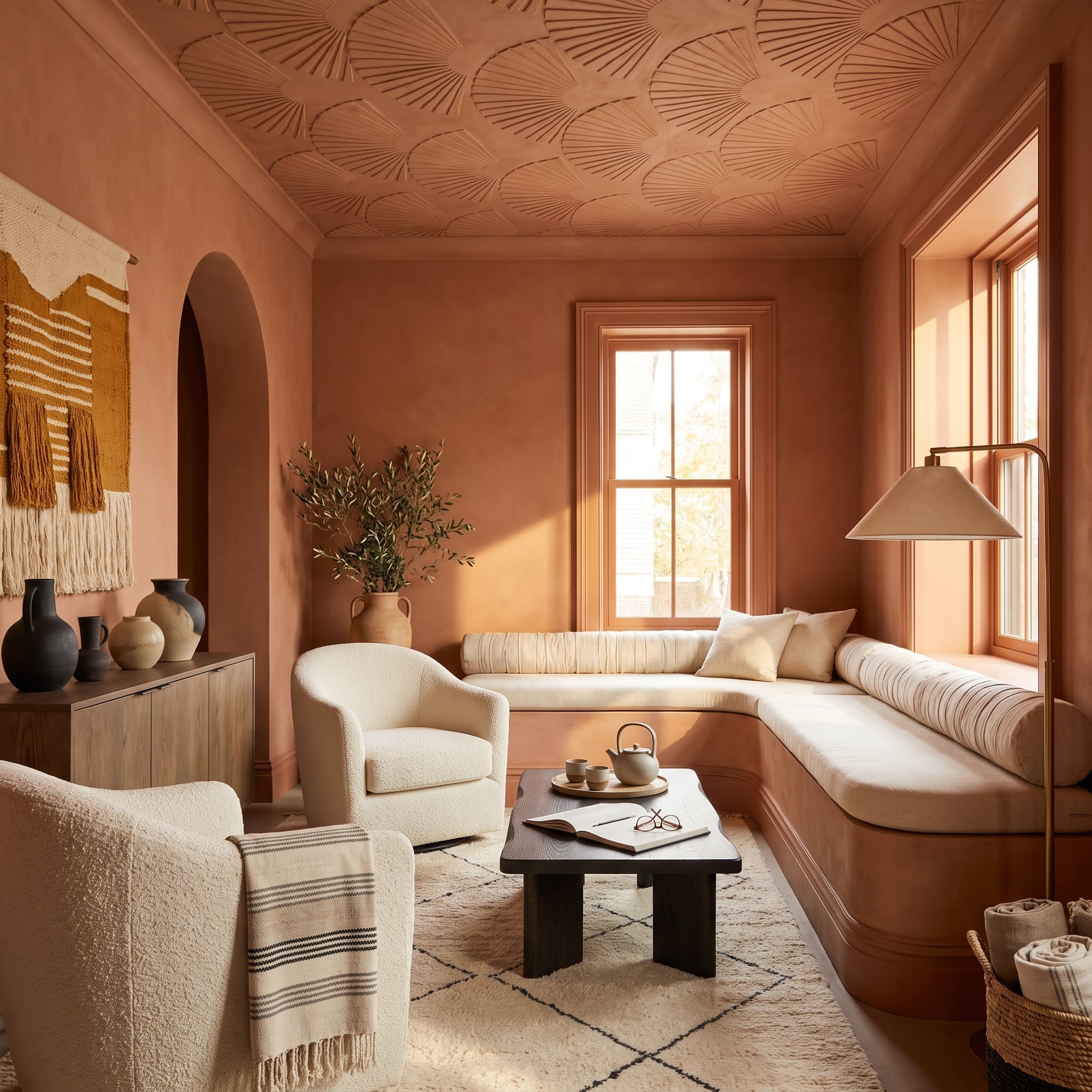 Terracotta color-drenched sitting room with matching window trim, decorative coffered ceiling, cream chairs, and dark wood table