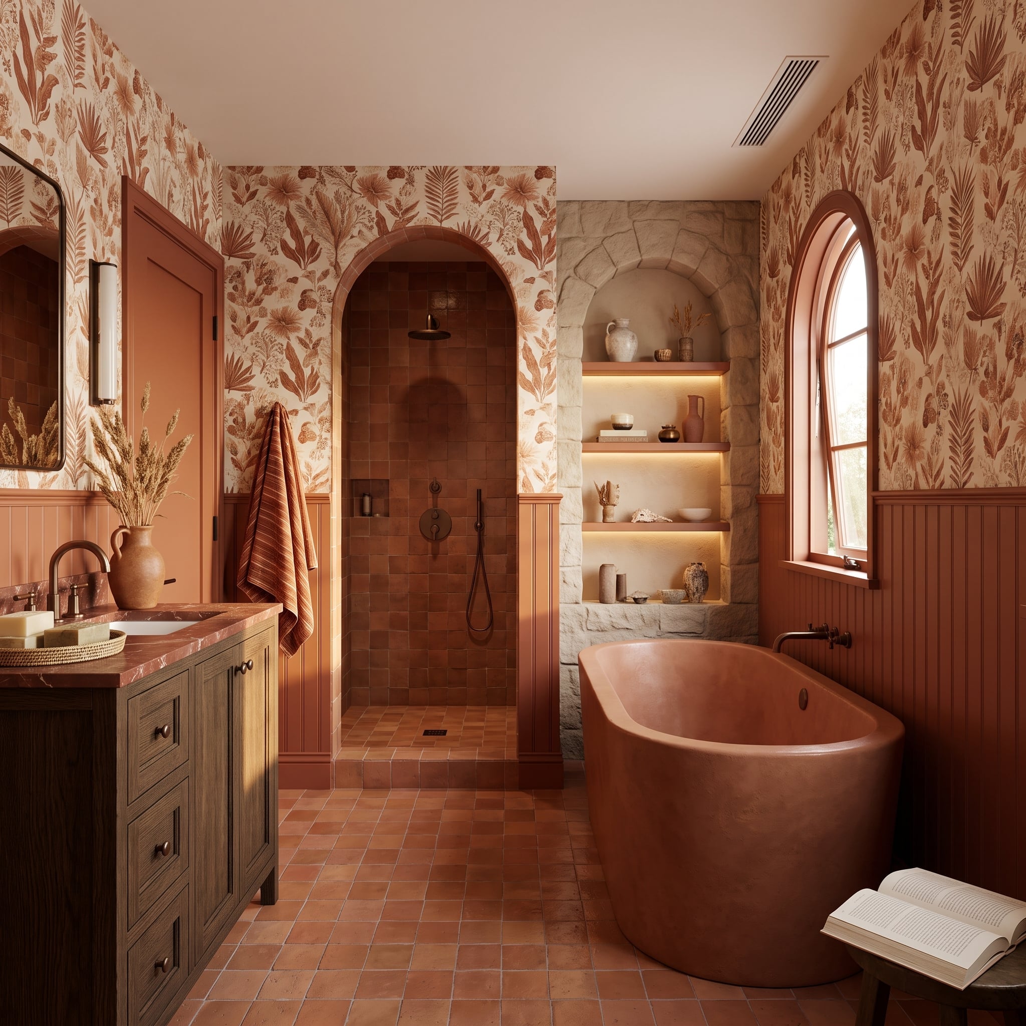Terracotta Wallpaper, a Stone Shower Arch, and Beadboard That Knows Its Place