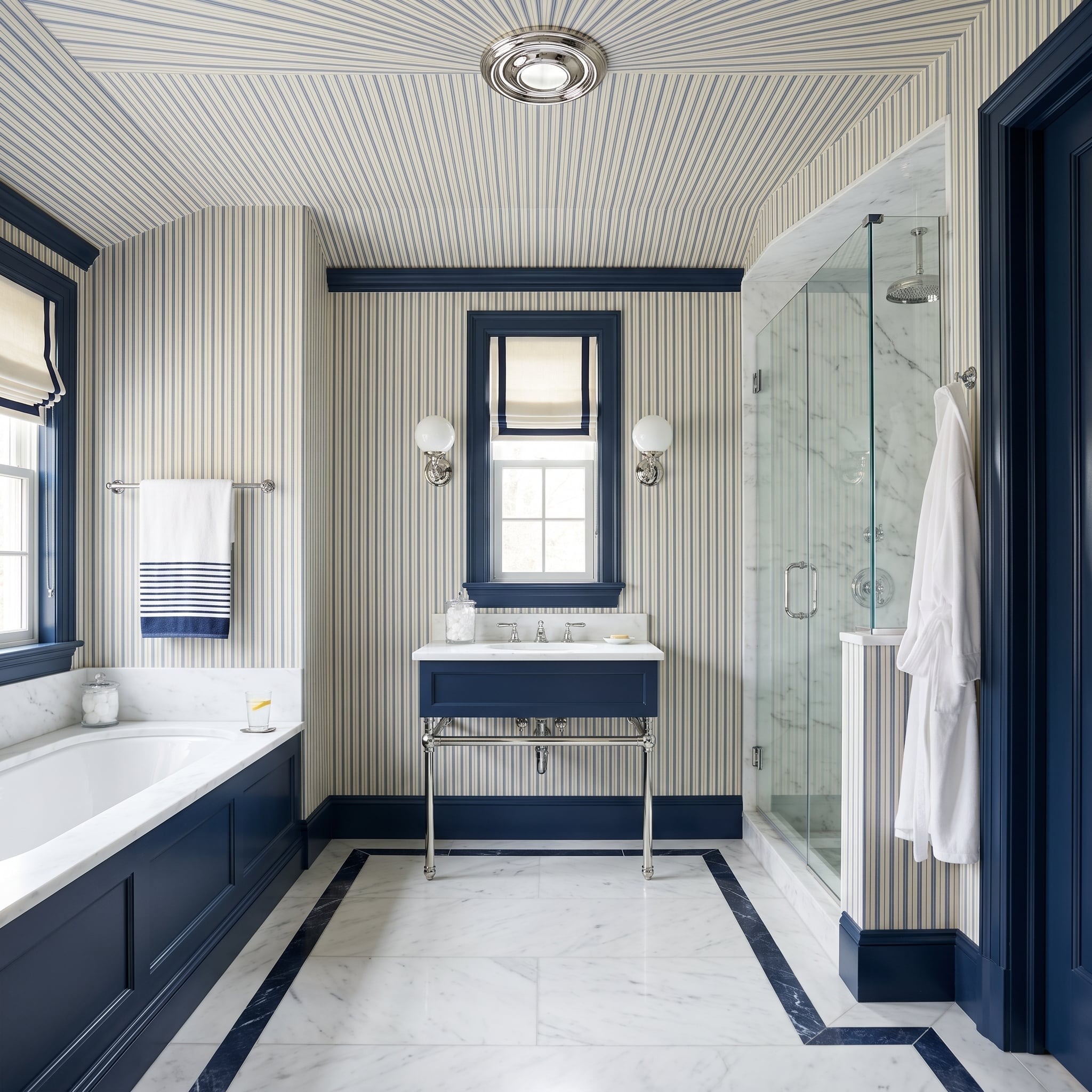 Ticking Stripe Wallpaper, Marble Floors, and Navy That Runs Every Surface