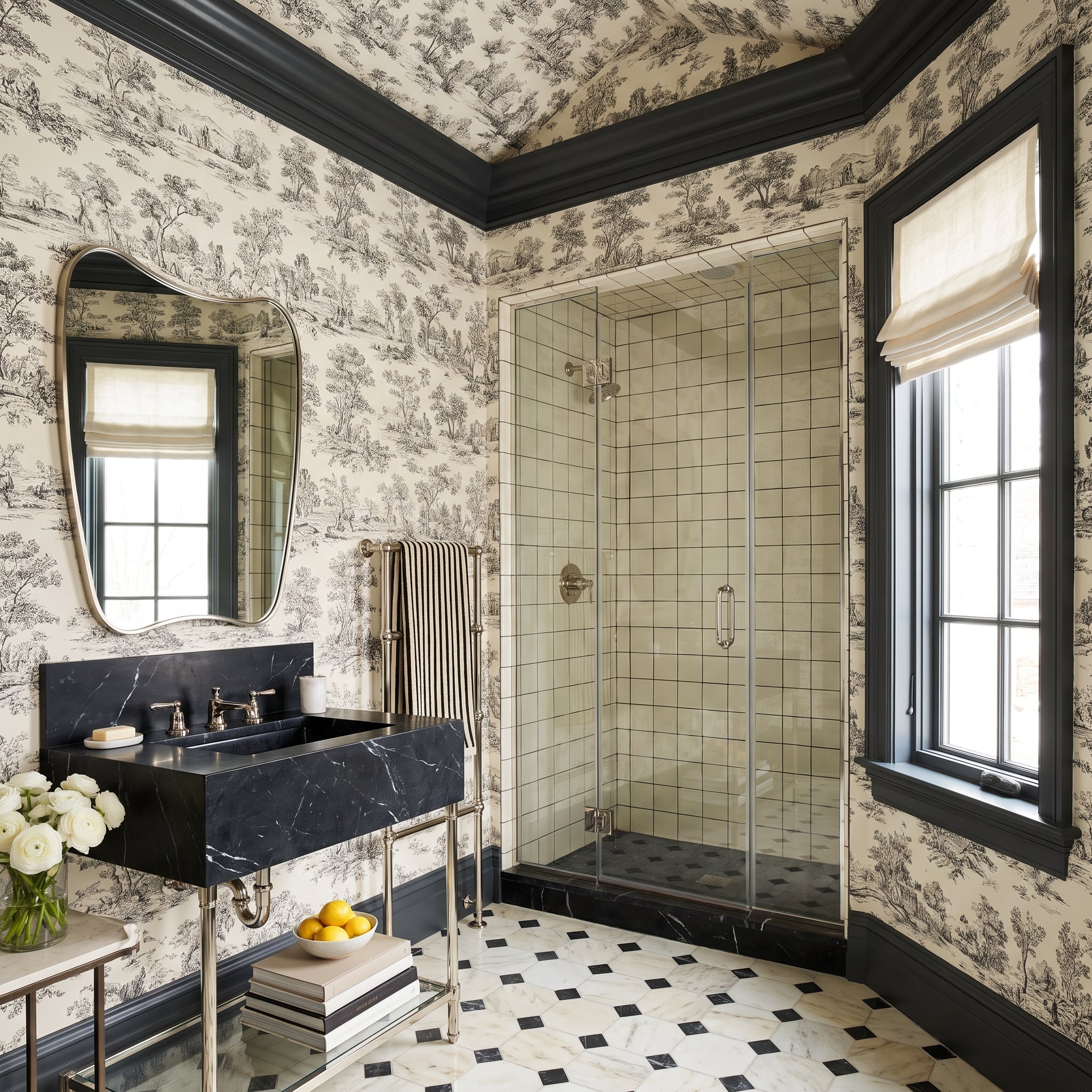 Toile de Jouy on Every Surface, Black Marble That Means It, and a Floor That Closes the Deal