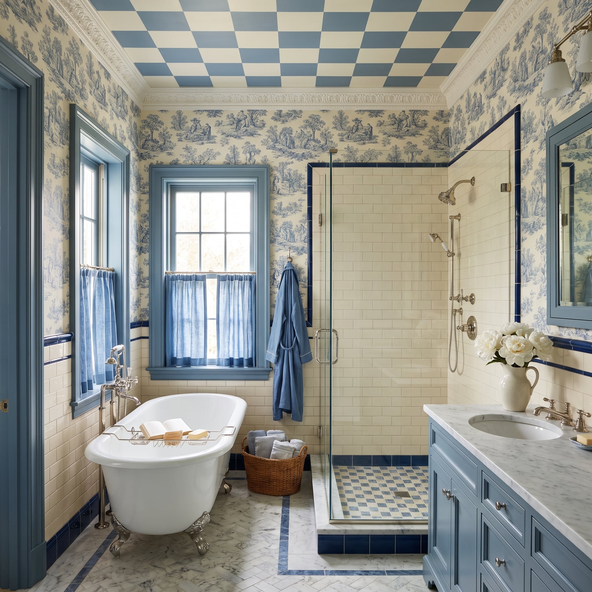Toile de Jouy Wallpaper, Checkerboard Ceiling, and a Clawfoot Tub That Earns Every Inch
