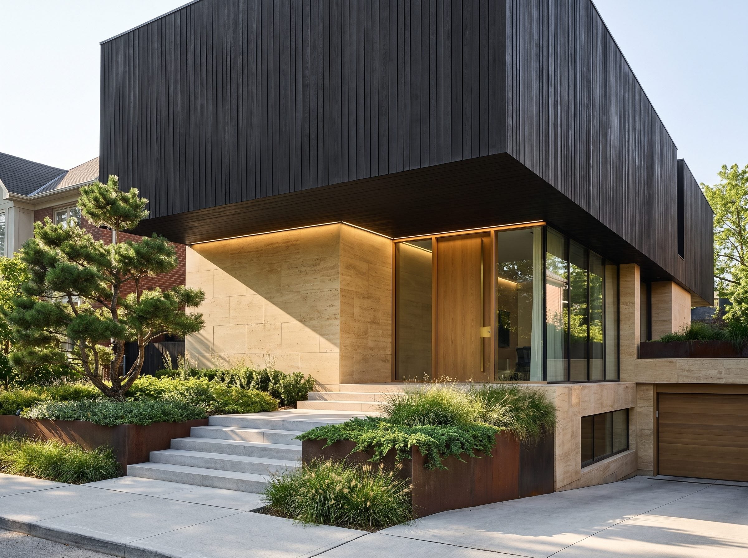 Contemporary house with a pale stone base, dark cantilevered upper floor, and weathering-steel planters