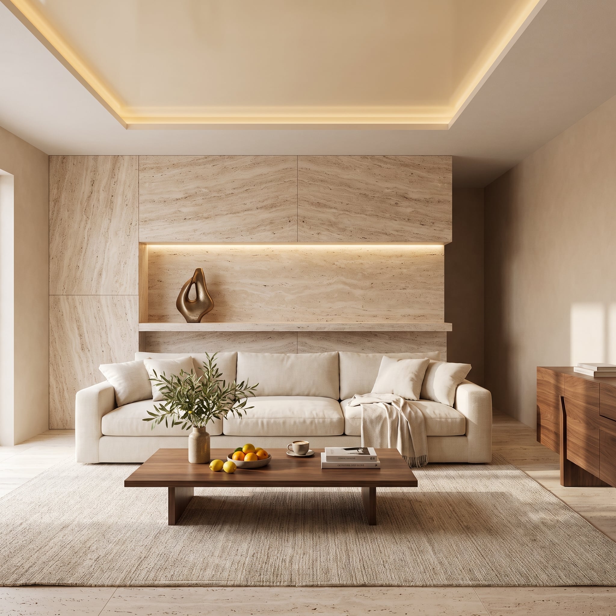 Travertine feature wall with mirrored veining and illuminated sculpture niche